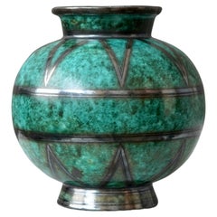 Green 'Argenta' Art Deco Stoneware Vase by Wilhelm Kage Gustavsberg Sweden 1930s