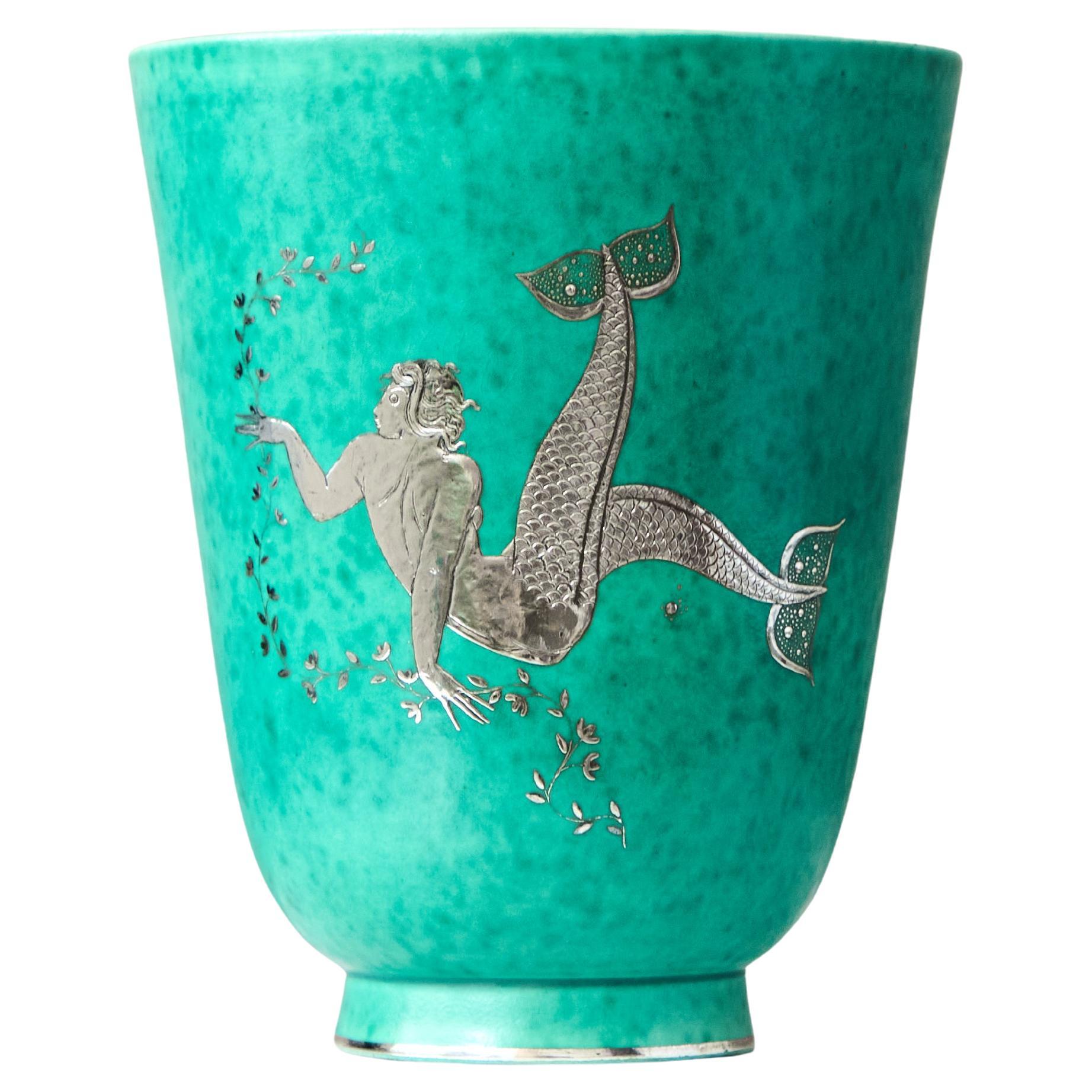 Green 'Argenta' Art Deco Stoneware Vase by Wilhelm Kage Gustavsberg Sweden 1930s For Sale