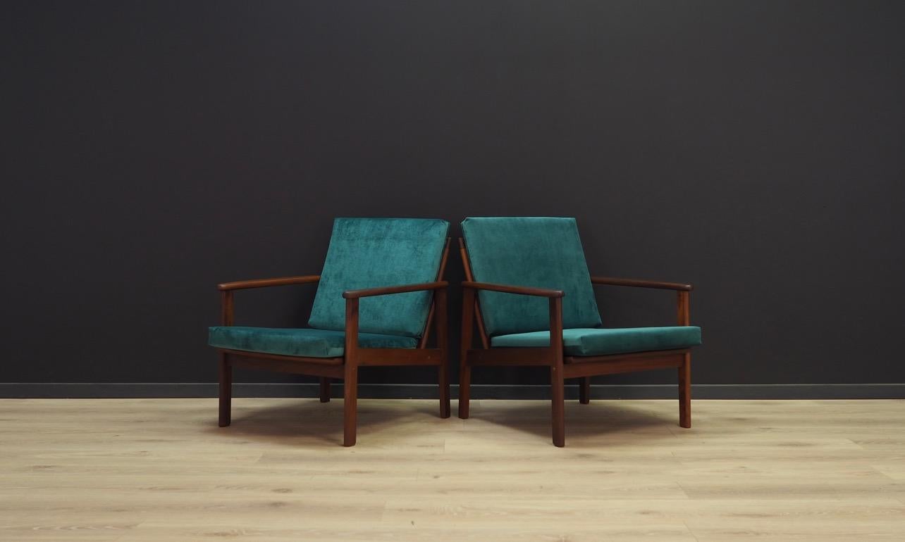 Classic armchair from the 1960s-1970s, a beautiful Minimalist form - Scandinavian design. Teak construction, upholstery made of easy-cleaning fabric (color-green). Preserved in good condition (small scratches on a wooden structure), directly for
