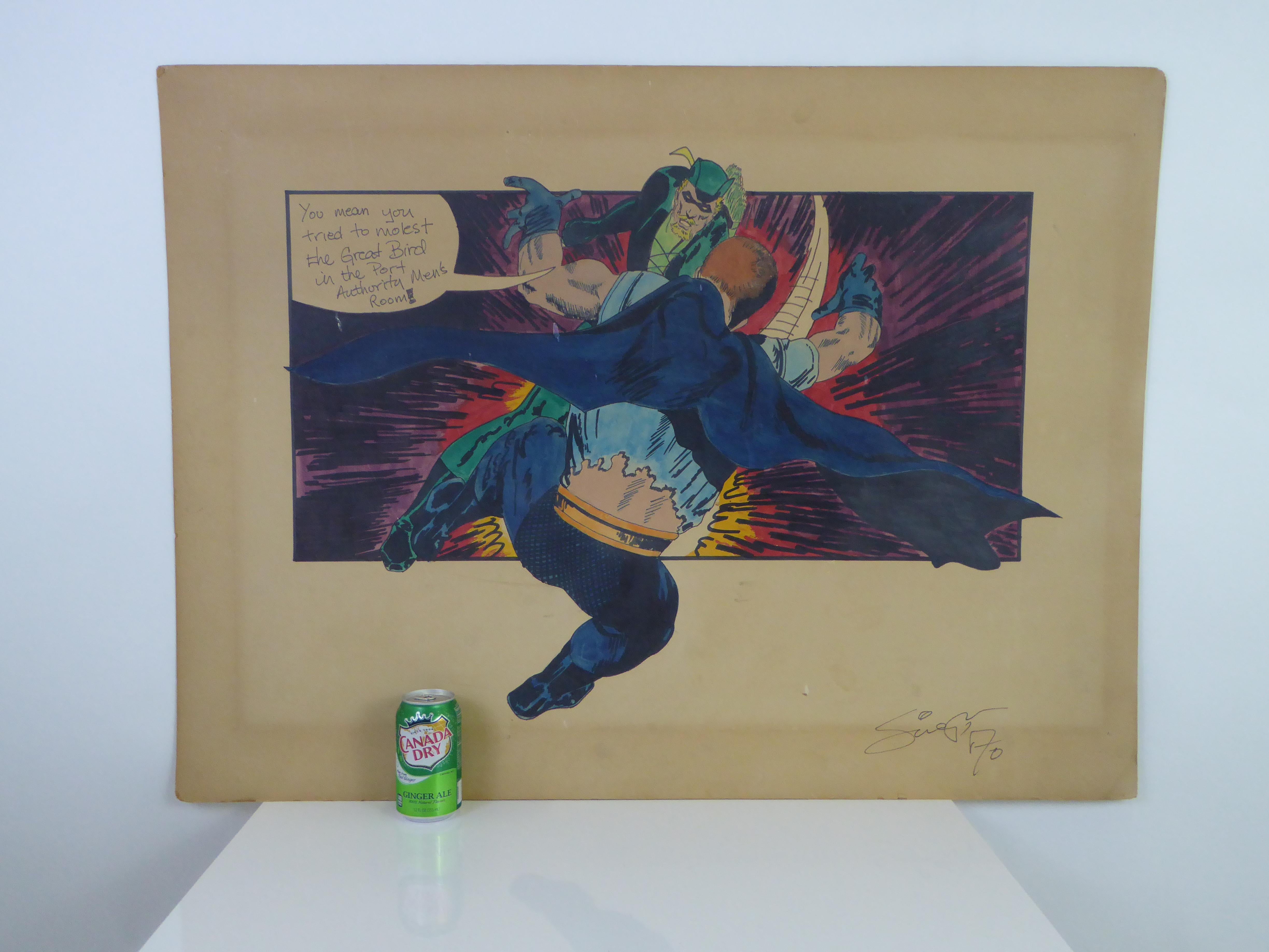 REDUCED FROM $850....In this 1970 large watercolor painting of DC comics superhero Green Arrow is teaching a lesson to the Manhunter on Port Authority men's room etiquette. Fun, campy and well painted, signed and dated on lower right side. Unable to