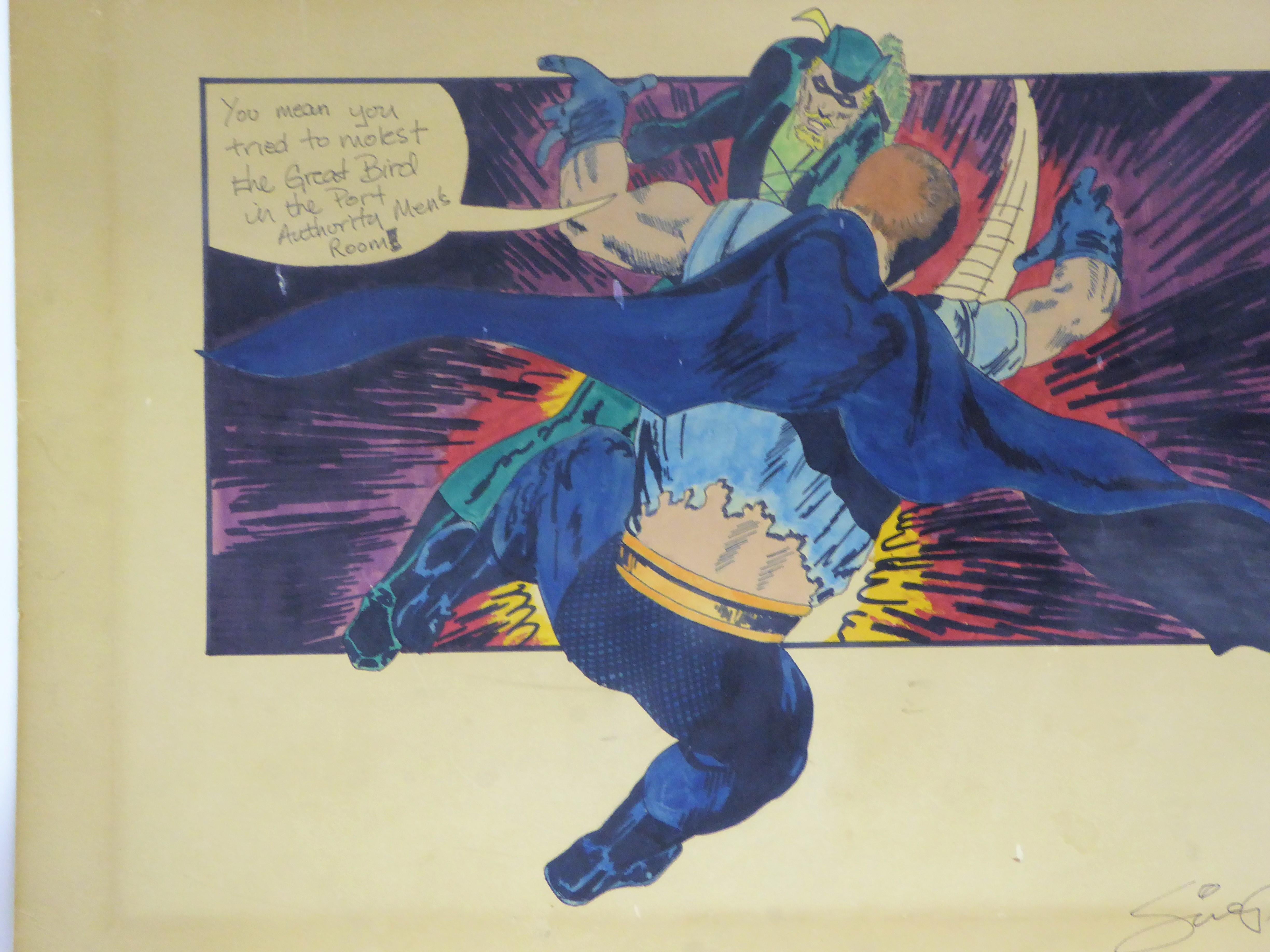 Mid-Century Modern Green Arrow and Manhunter, 1970 DC Comics Superhero Painting Ink Watercolor