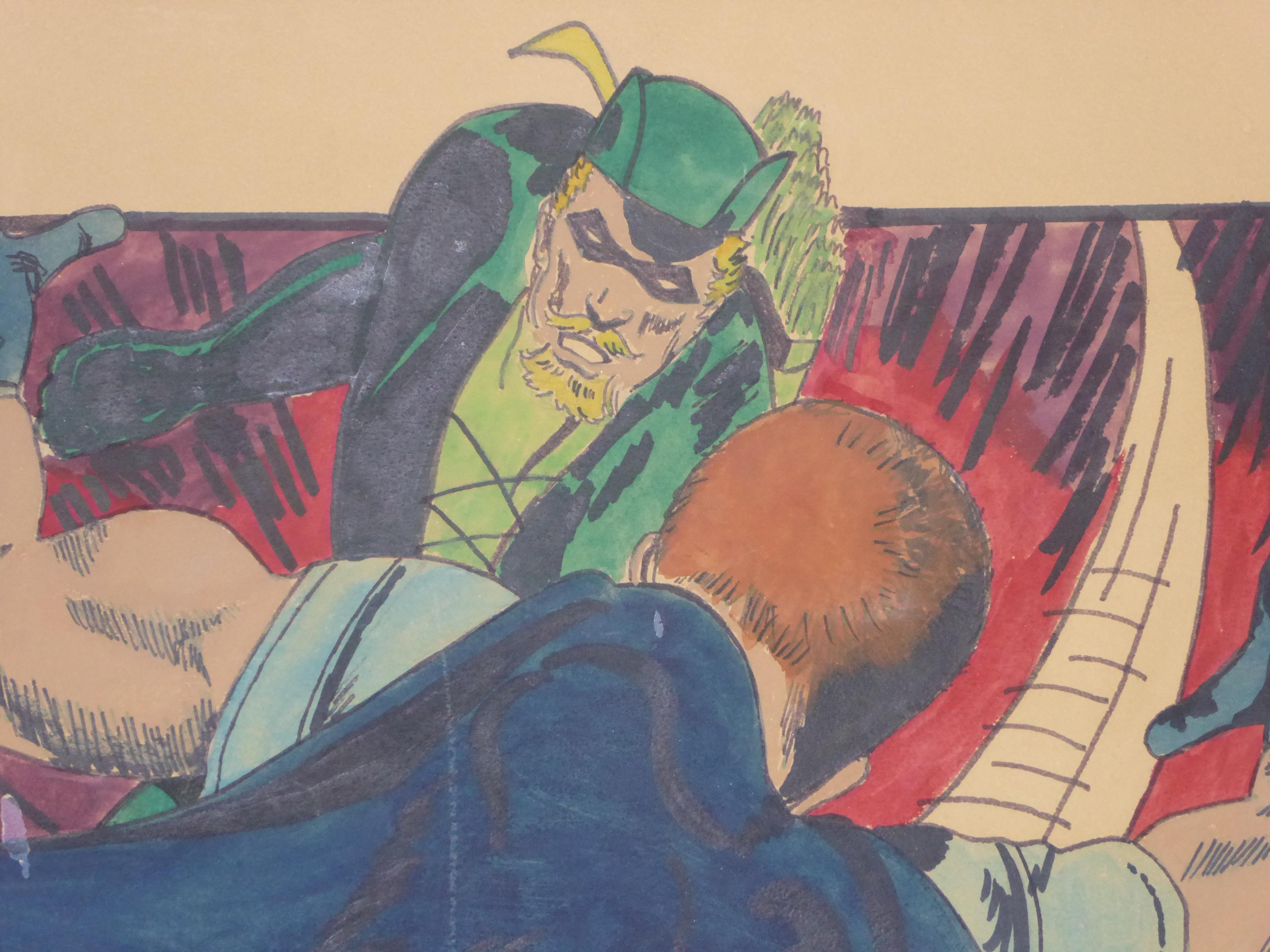 Hand-Painted Green Arrow and Manhunter, 1970 DC Comics Superhero Painting Ink Watercolor