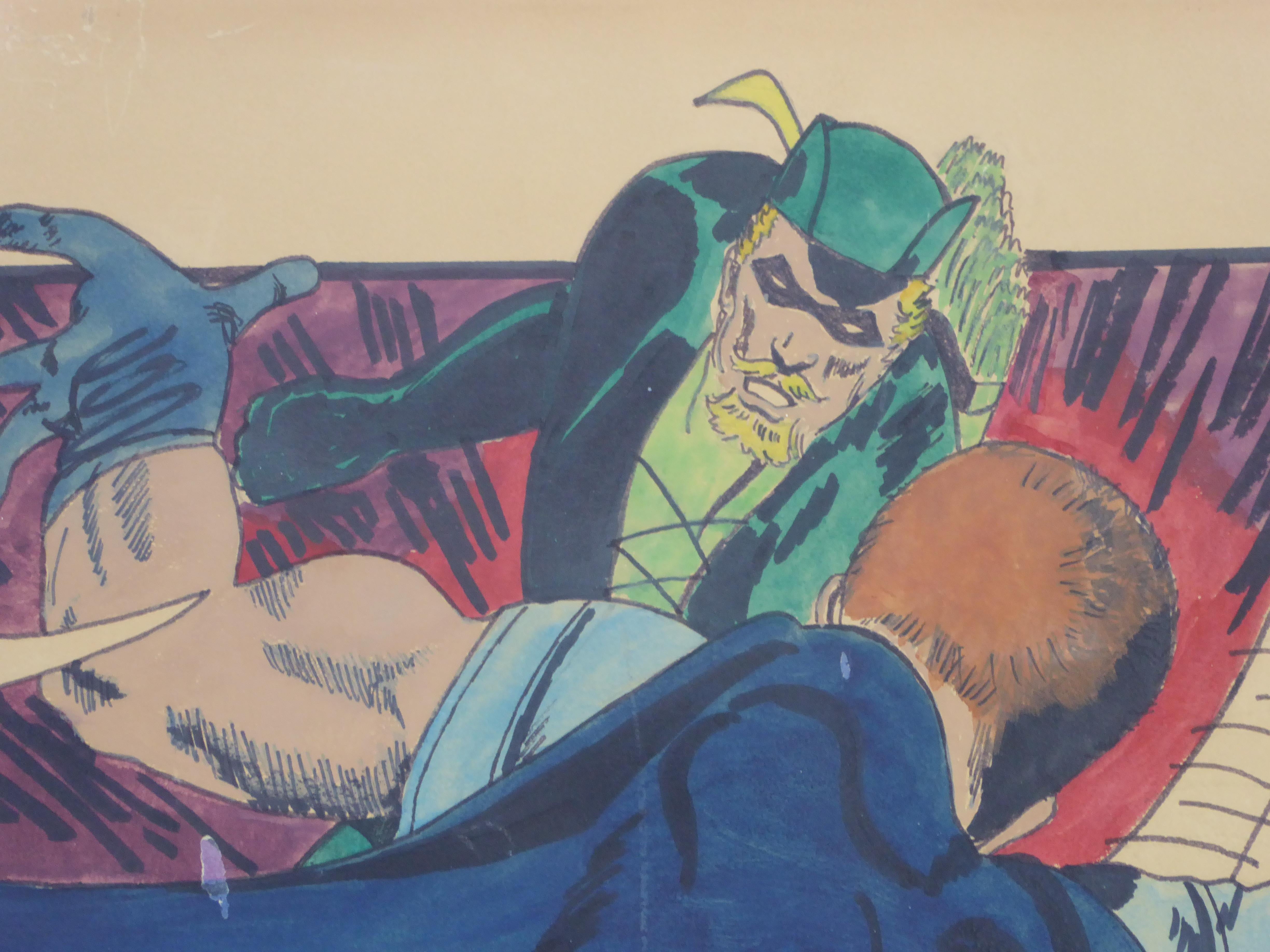 Green Arrow and Manhunter, 1970 DC Comics Superhero Painting Ink Watercolor In Good Condition In Miami, FL