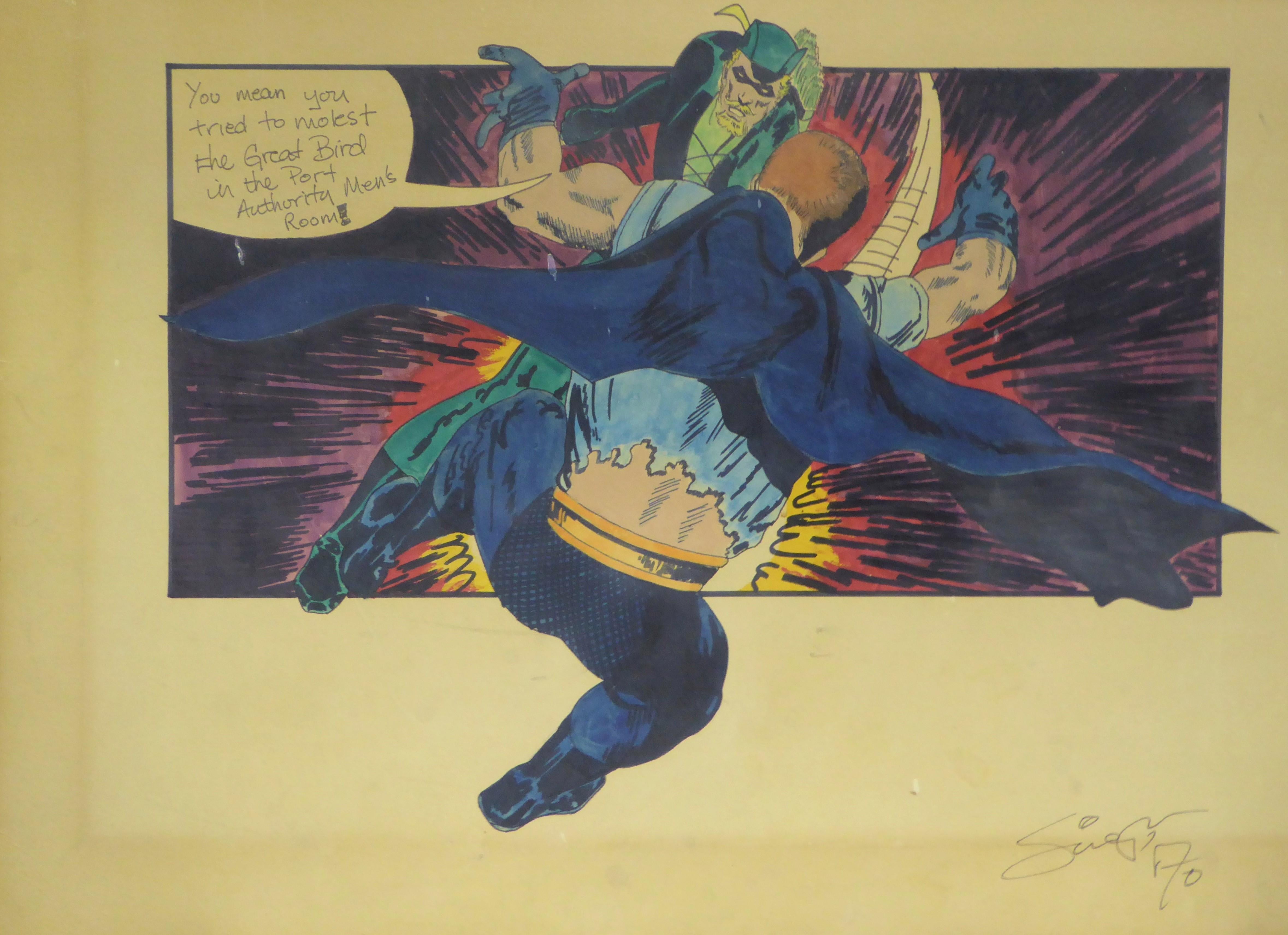Paper Green Arrow and Manhunter, 1970 DC Comics Superhero Painting Ink Watercolor