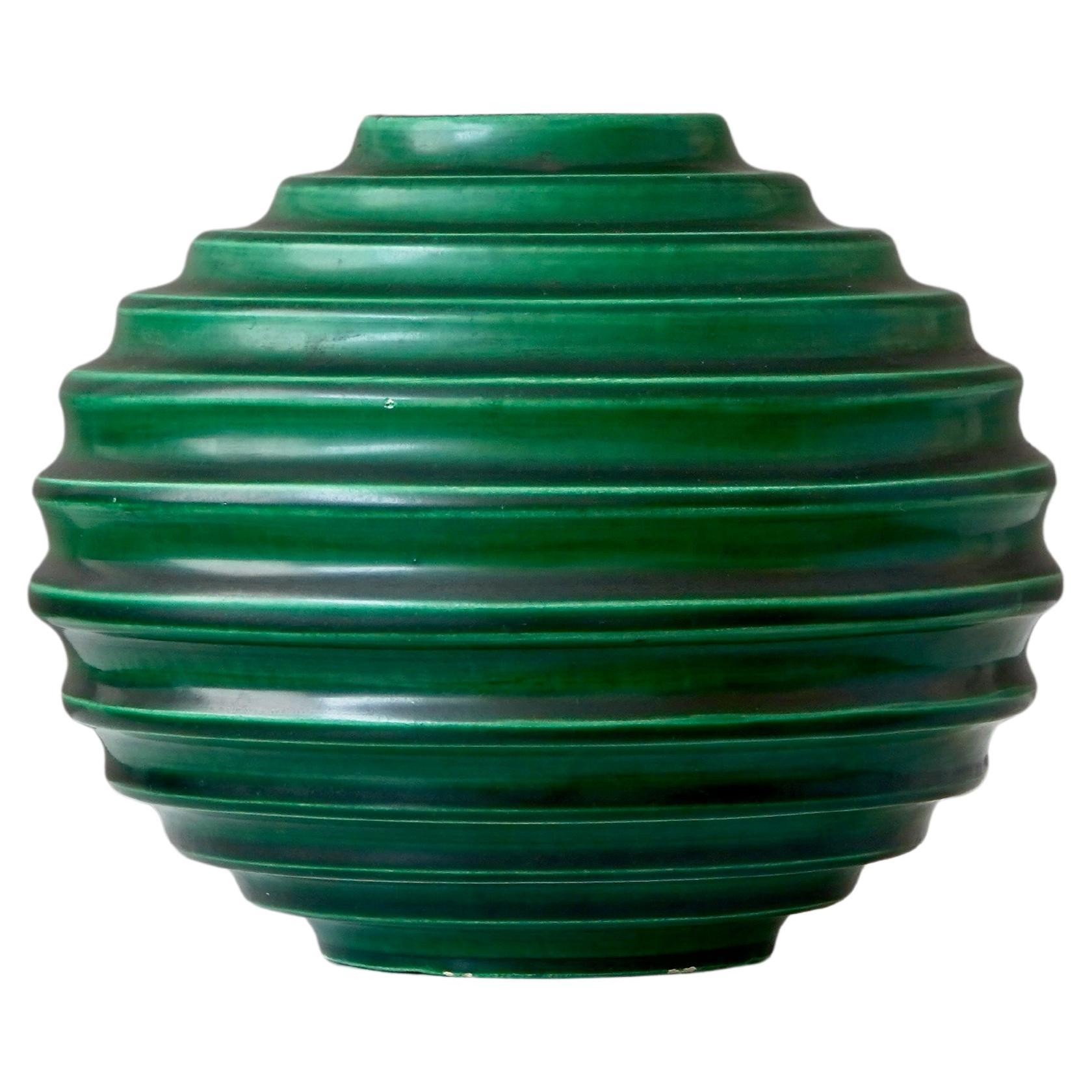 Green Art Deco Ceramic Globe Vase by Ewald Dahlskog, Bo Fajans, Sweden, 1930s