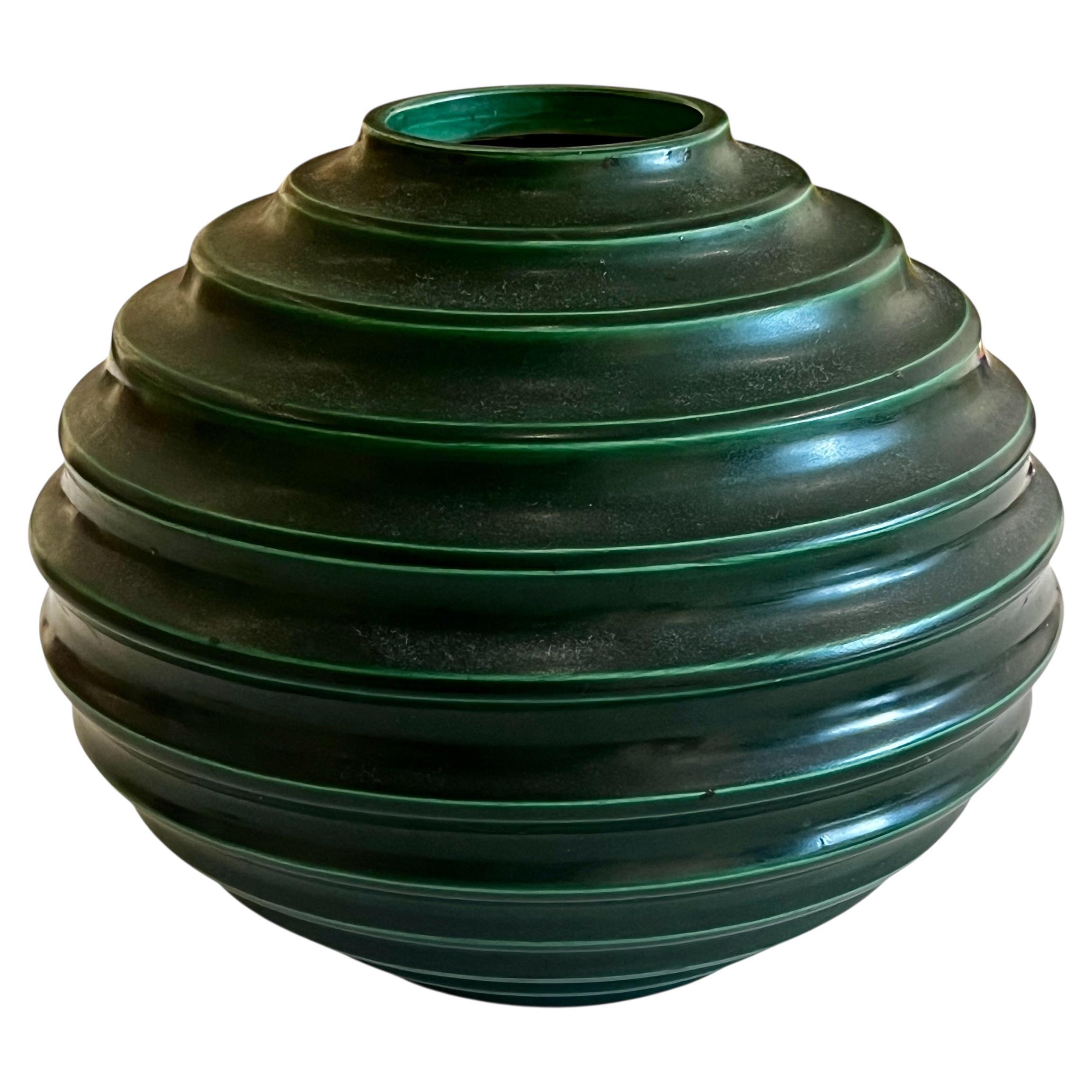 Green Art Deco Ceramic Globe Vase by Ewald Dahlskog, Bo Fajans, Sweden 1930's