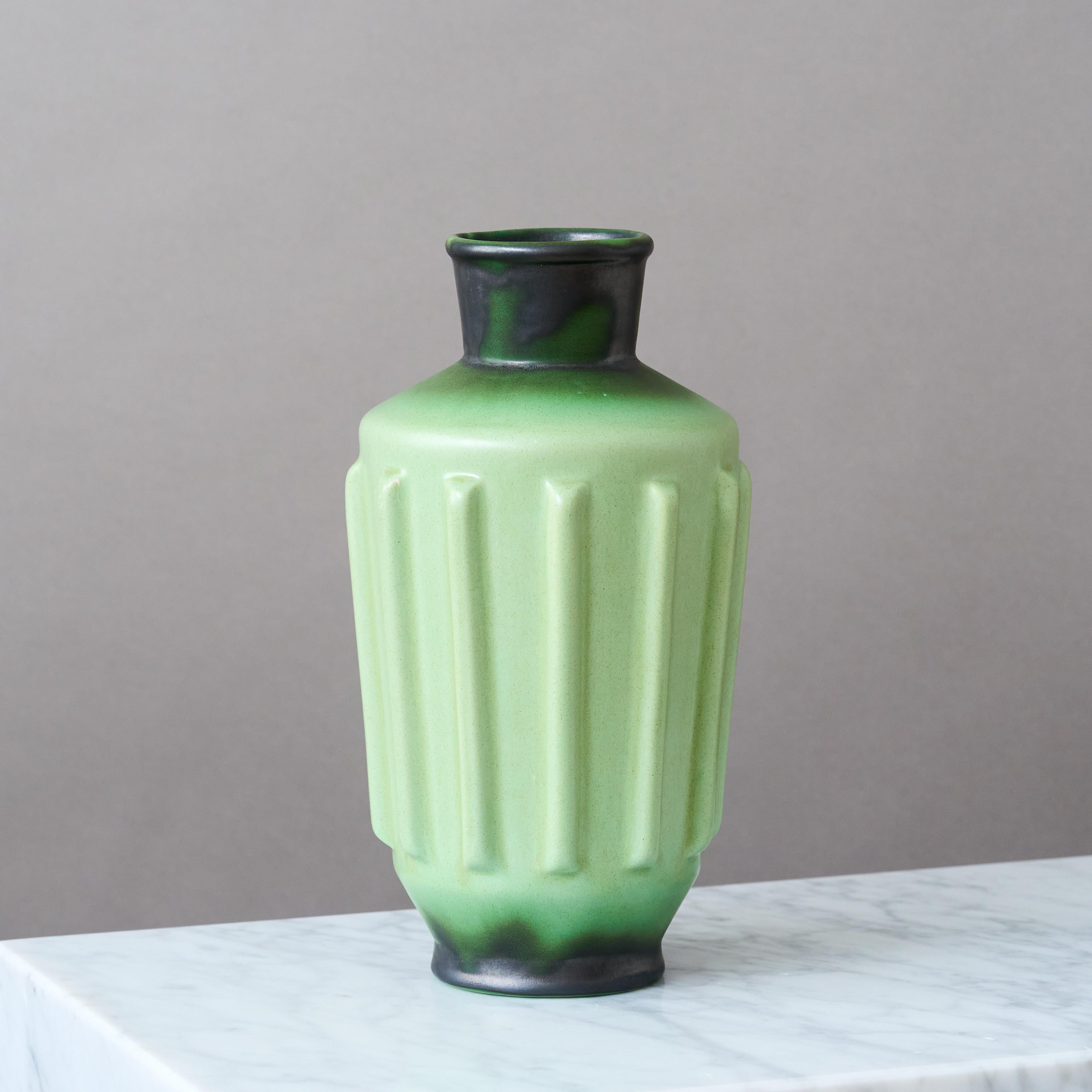 Glazed Green Art Deco Ceramic Vase by Ewald Dahlskog, Bo Fajans, Sweden, 1930s. For Sale