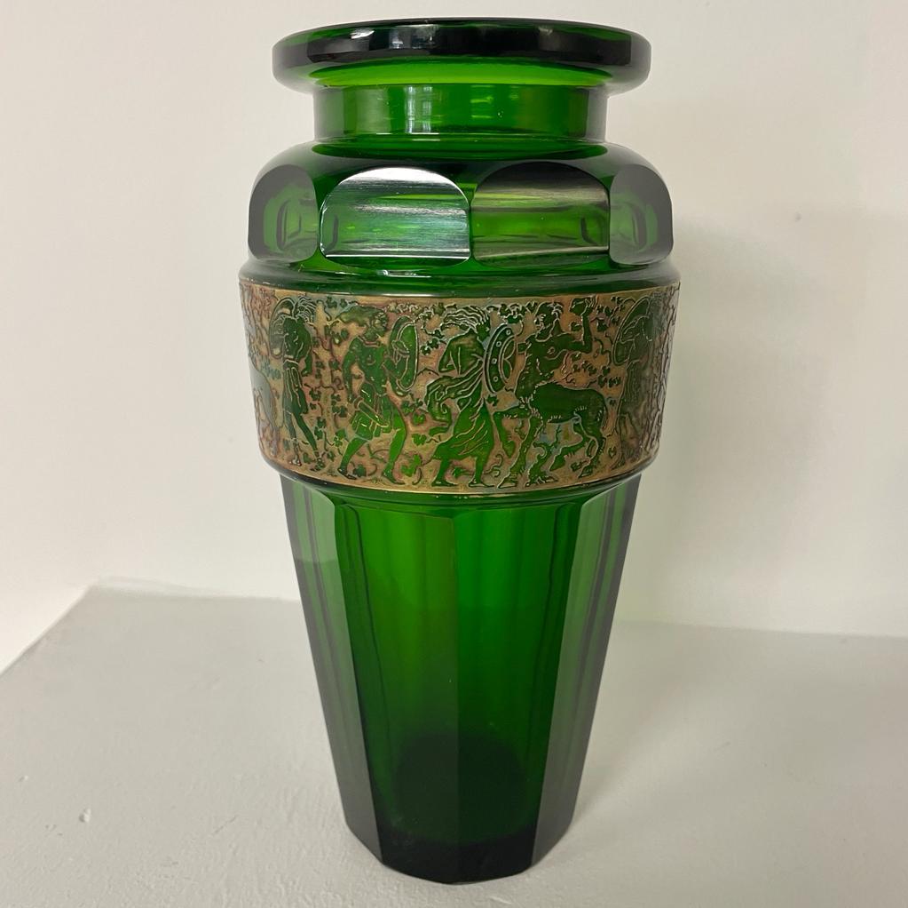 Czech Green Art Deco, Frieze Glass Vase, Moser Karlsbad For Sale