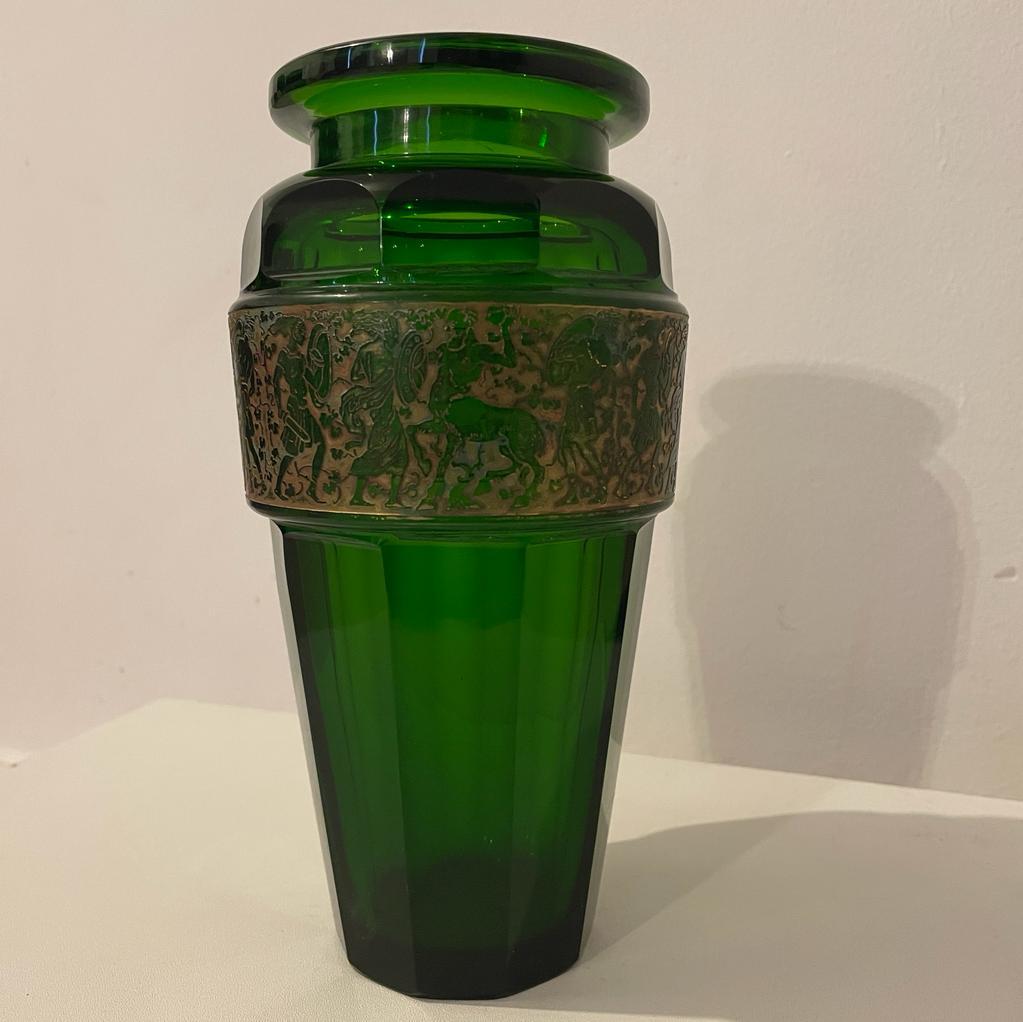 20th Century Green Art Deco, Frieze Glass Vase, Moser Karlsbad For Sale