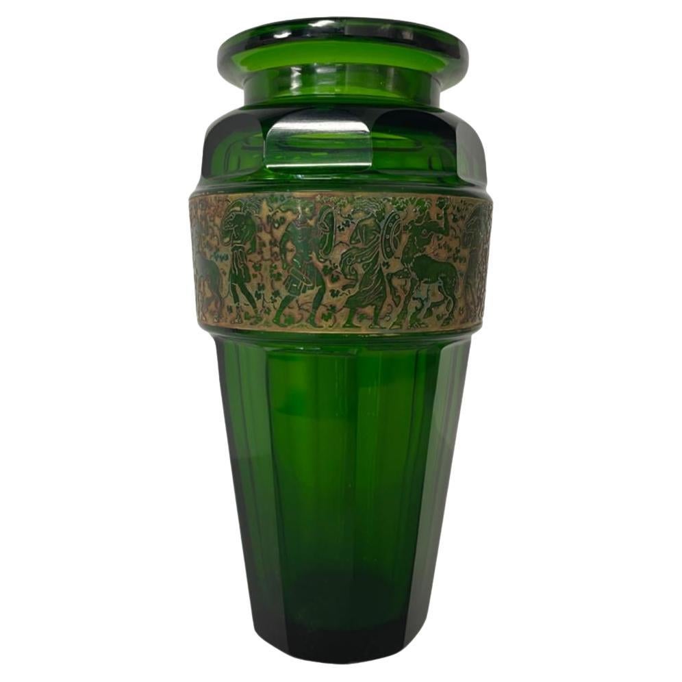 Green Art Deco, Frieze Glass Vase, Moser Karlsbad For Sale