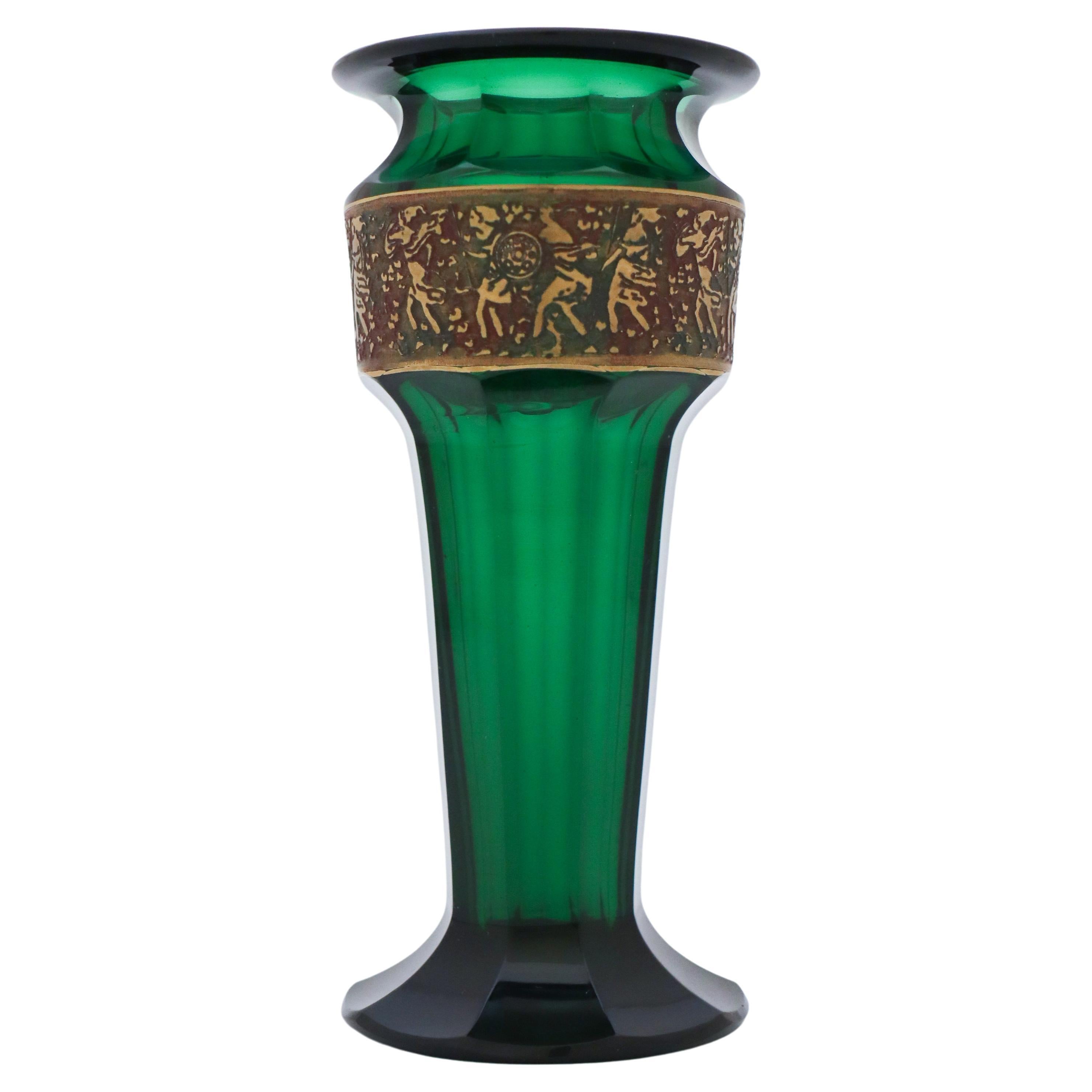Green Art Deco, Frieze Glass Vase, Moser Karlsbad Glasswork, 1920s