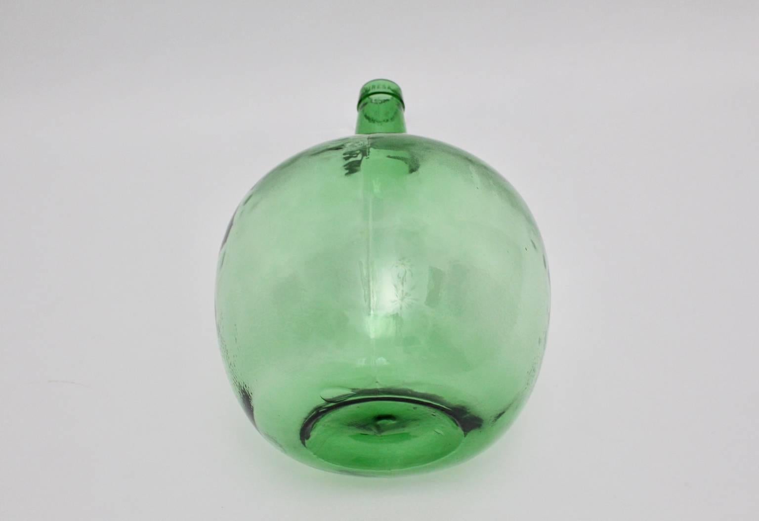 Art Deco Green Vintage Glass Bottle or Vessel  Demijohn 1970s Viresa