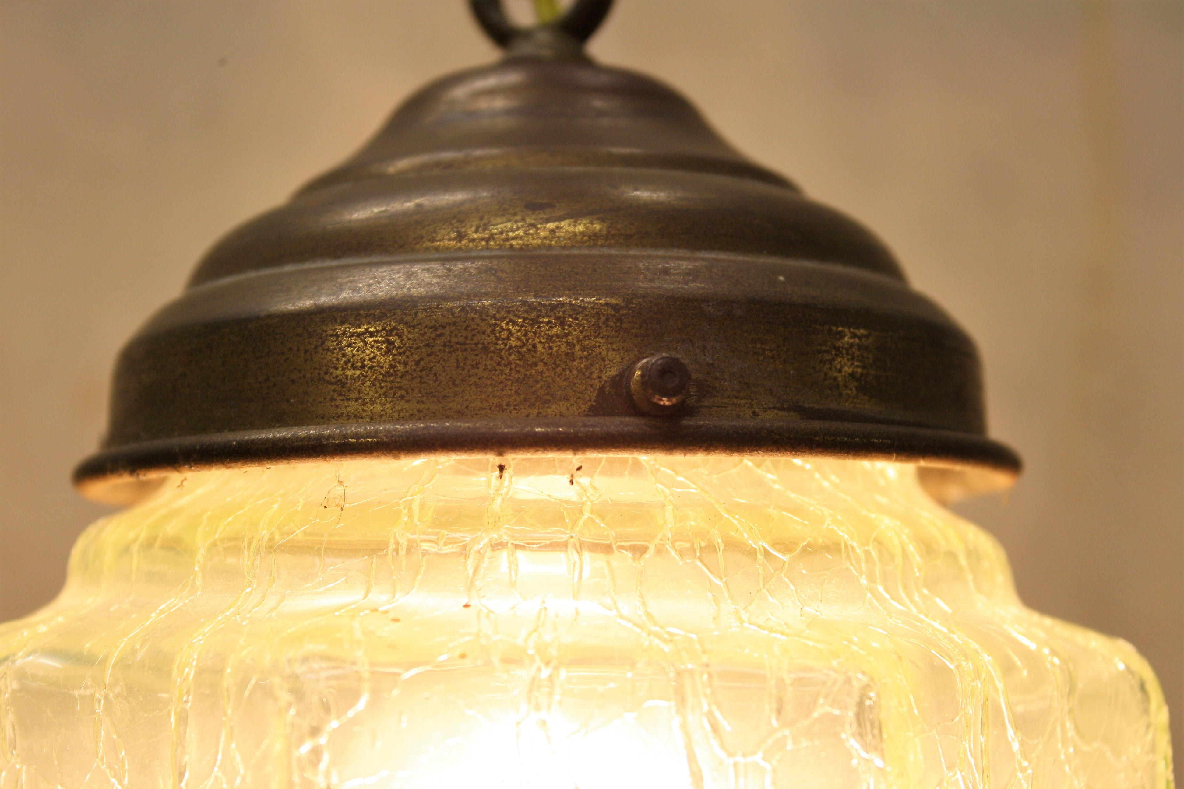 Green Art Deco Pendant Light with Crackle Glass, 1930s In Excellent Condition In HEVERLEE, BE