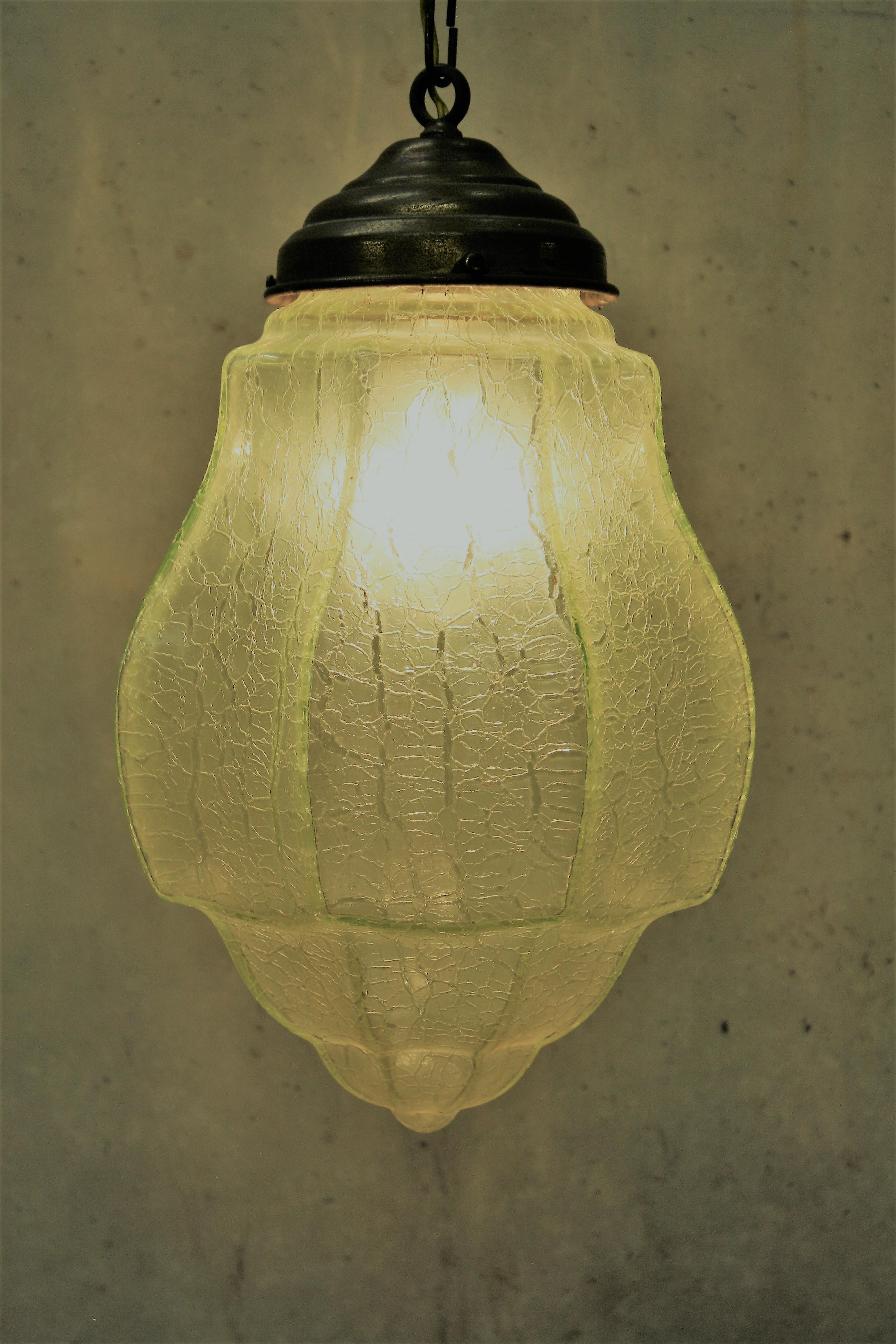 Green Art Deco Pendant Light with Crackle Glass, 1930s 2
