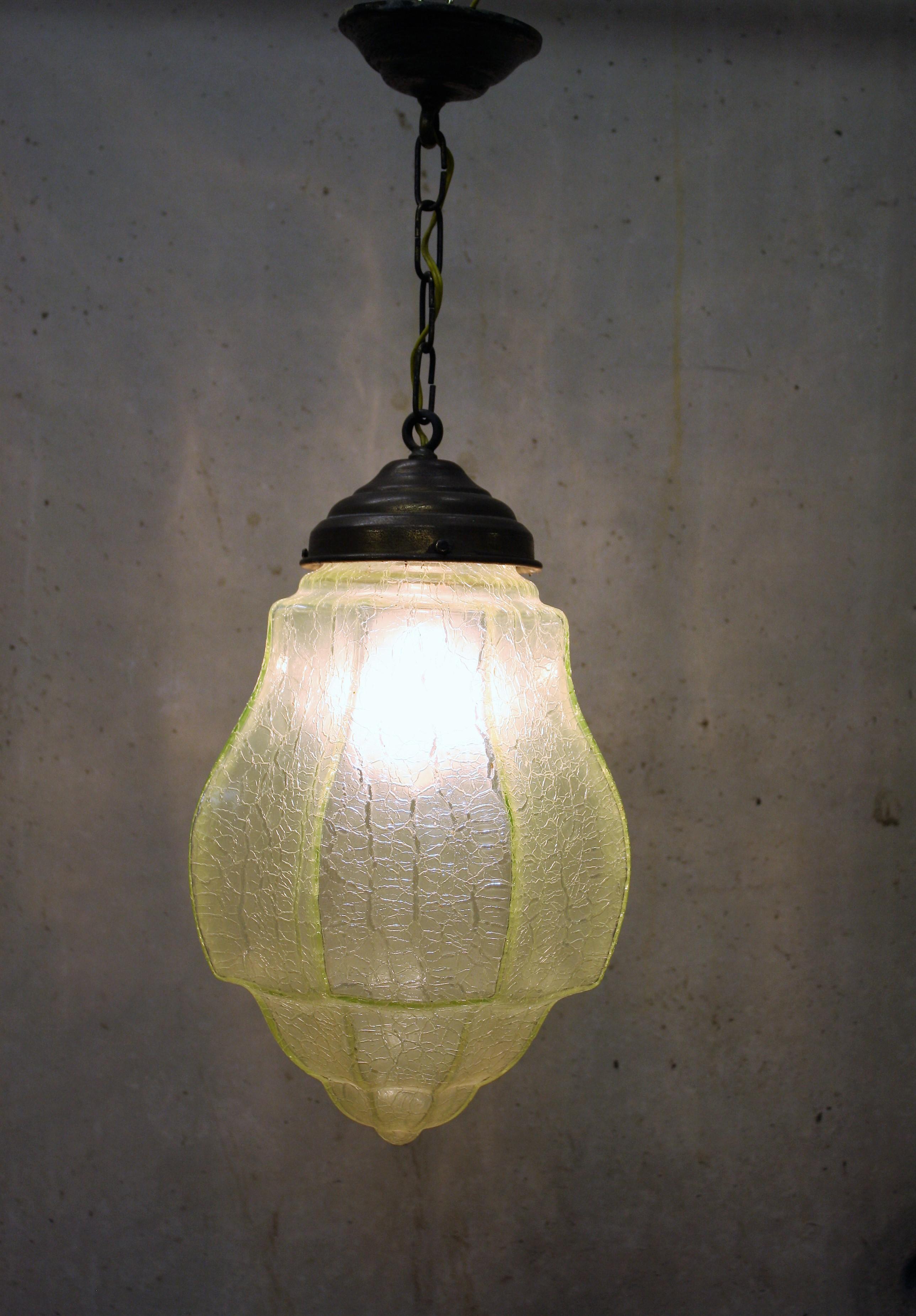 Copper Green Art Deco Pendant Light with Crackle Glass, 1930s