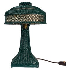 Green Art Deco rattan wicker mushroom "Eiffel" table lamp, 1950s