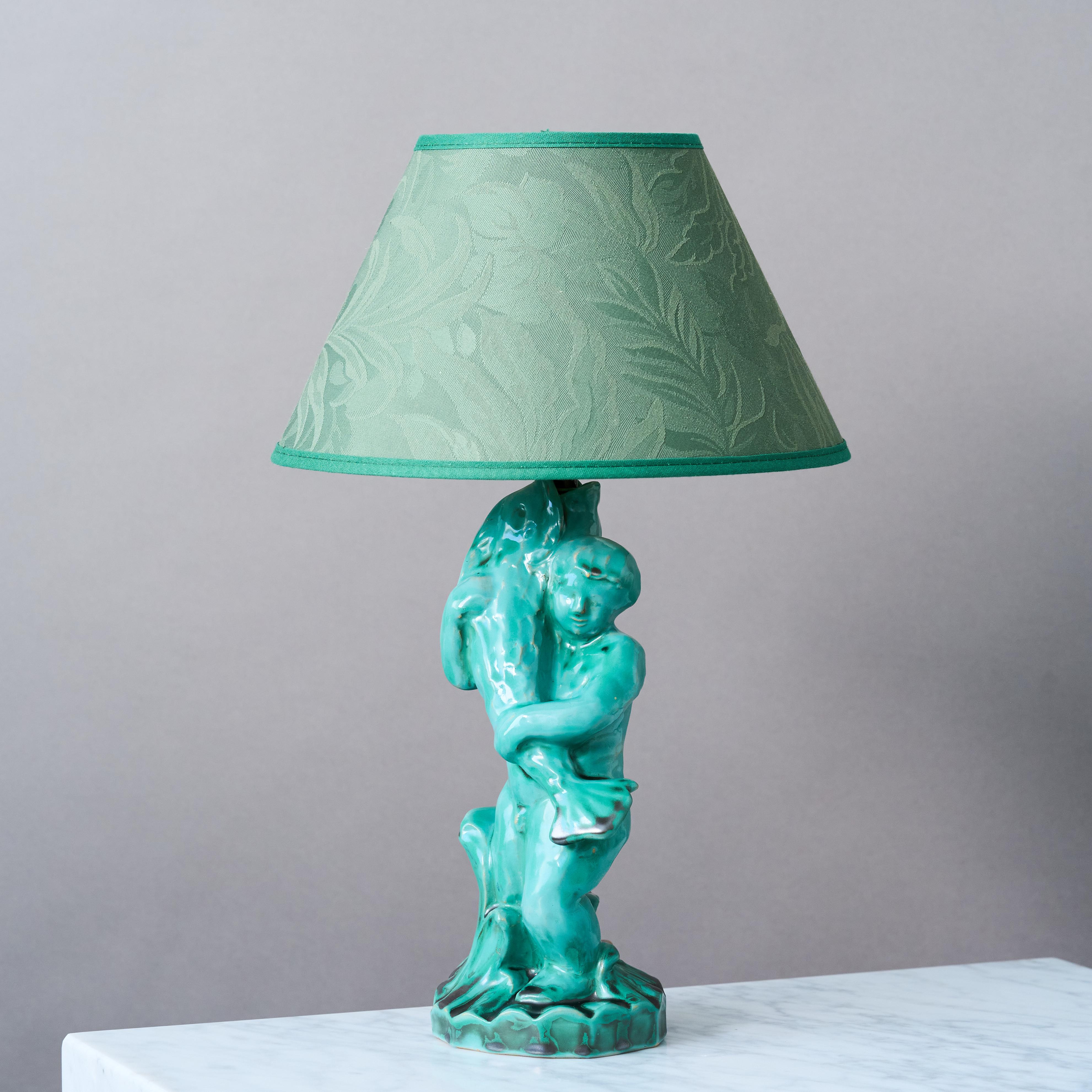 Swedish Green Art Deco Sculptural Ceramic Table Lamp made by S:t Erik, Sweden, 1920s For Sale
