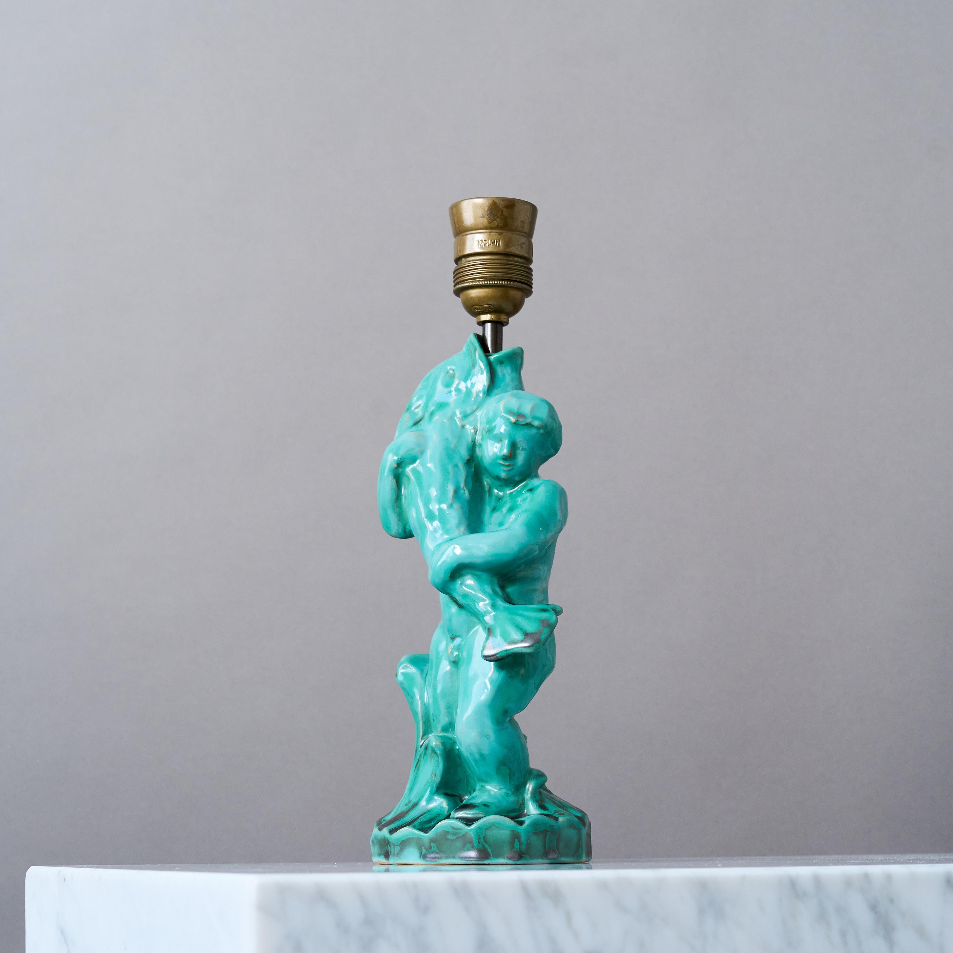 Glazed Green Art Deco Sculptural Ceramic Table Lamp made by S:t Erik, Sweden, 1920s For Sale