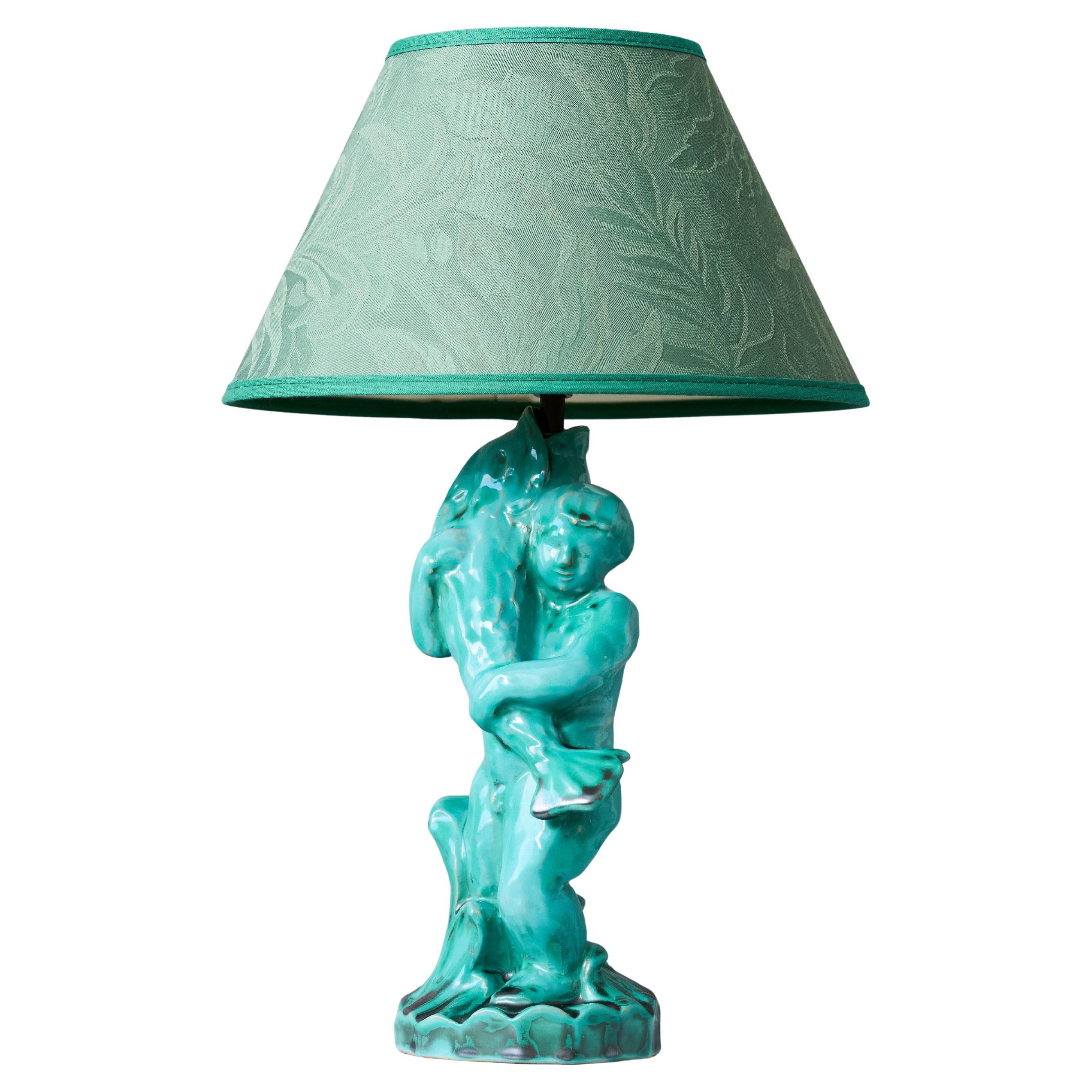 Green Art Deco Sculptural Ceramic Table Lamp made by S:t Erik, Sweden, 1920s For Sale
