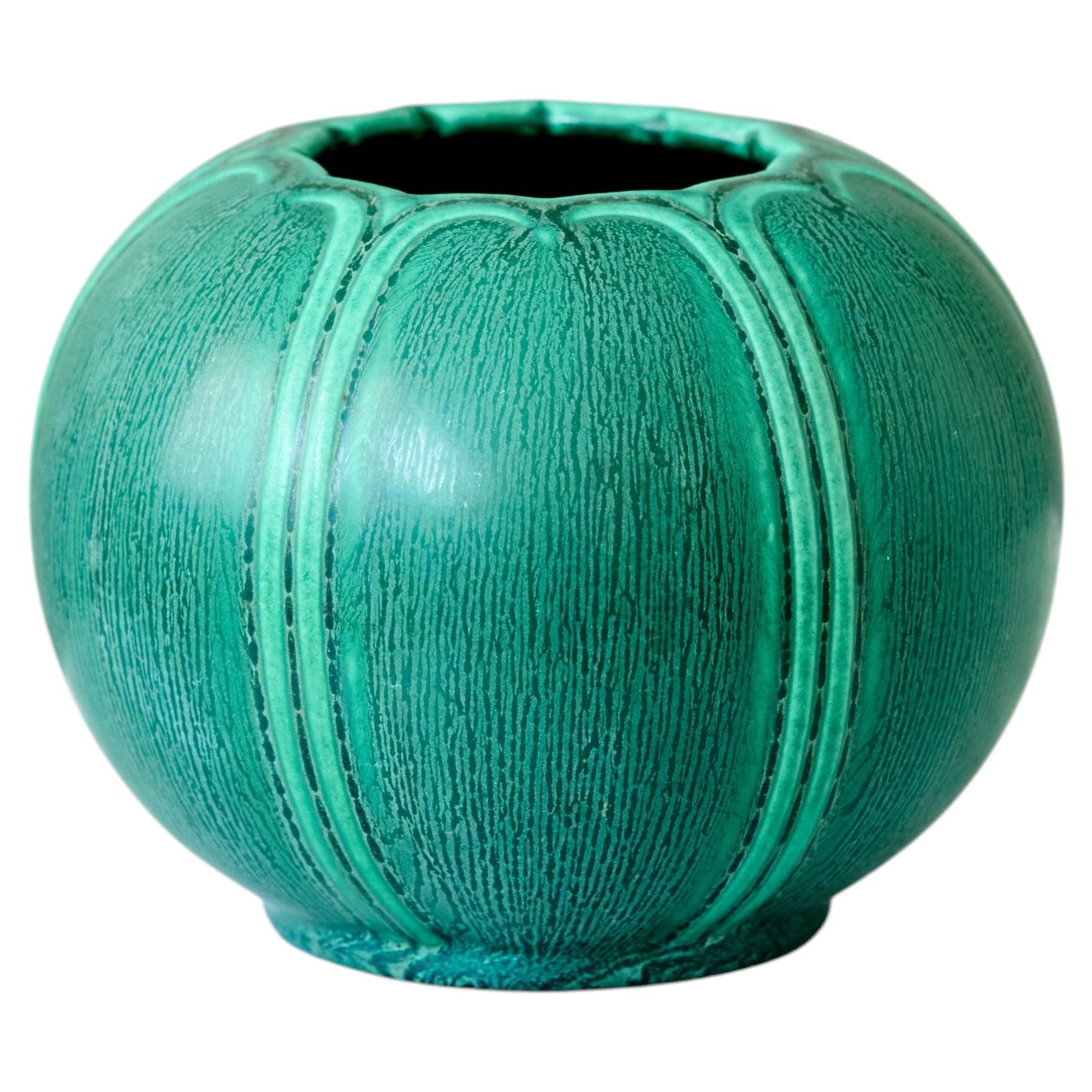 Green Art Deco Stoneware Vase by Nils Emil Lundström. Rorstrand, Sweden, 1920s