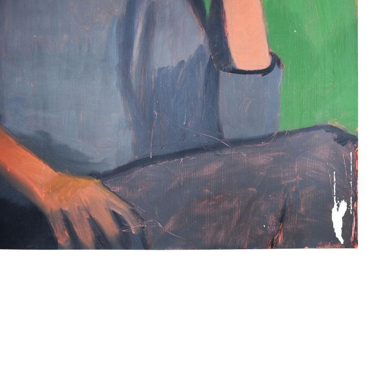 Un portrait original peint par l'artiste de l'Oklahoma, Clair Seglem. Ce grand portrait représente une femme sur un fond vert vif. Elle porte une tenue de style Art déco en noir. Son chapeau a un ruban rouge attaché qui pend autour et en bas du dos.