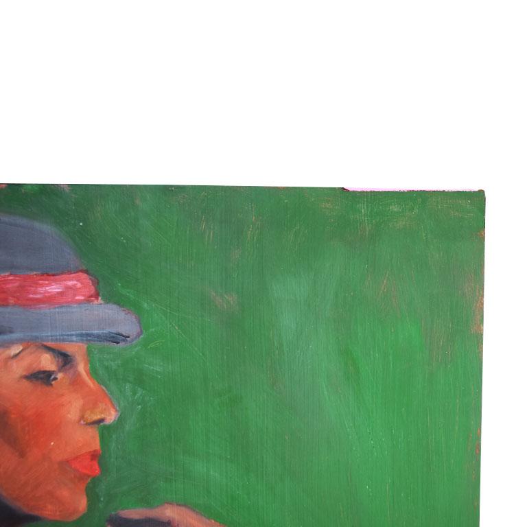 Art nouveau Peinture de portrait vert de style Art déco d'une femme au chapeau en vente