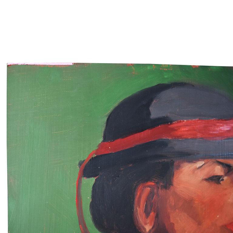 Américain Peinture de portrait vert de style Art déco d'une femme au chapeau en vente
