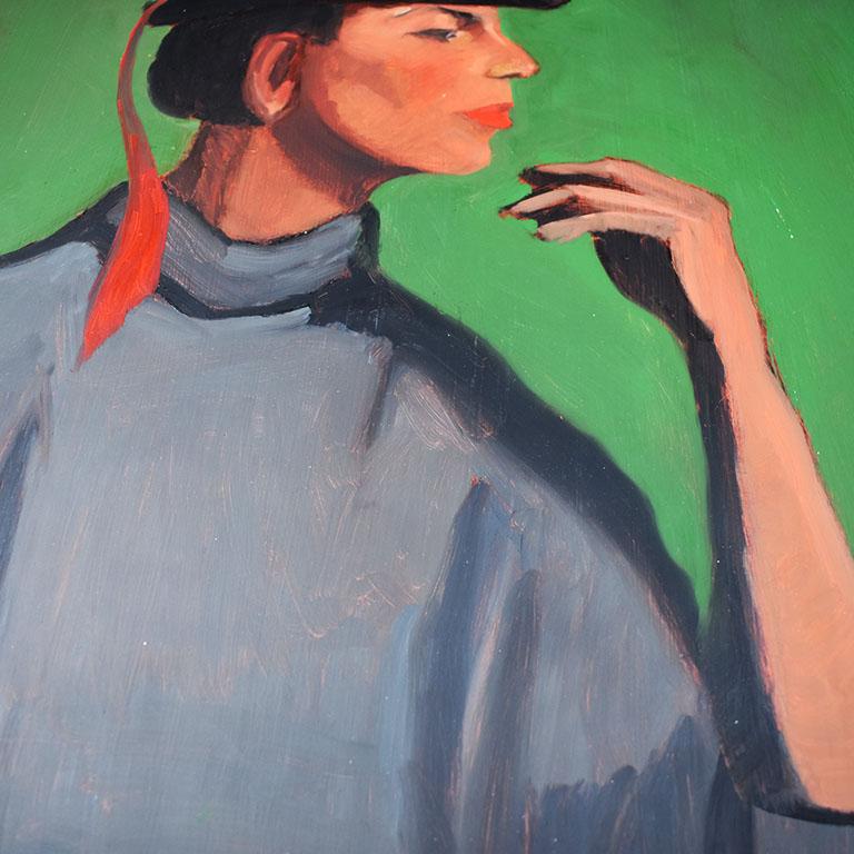 Peinture de portrait vert de style Art déco d'une femme au chapeau Excellent état - En vente à Oklahoma City, OK