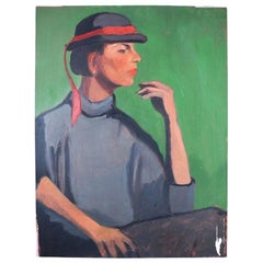 Green Art Deco Style Portrait Painting of a Woman in a Hat