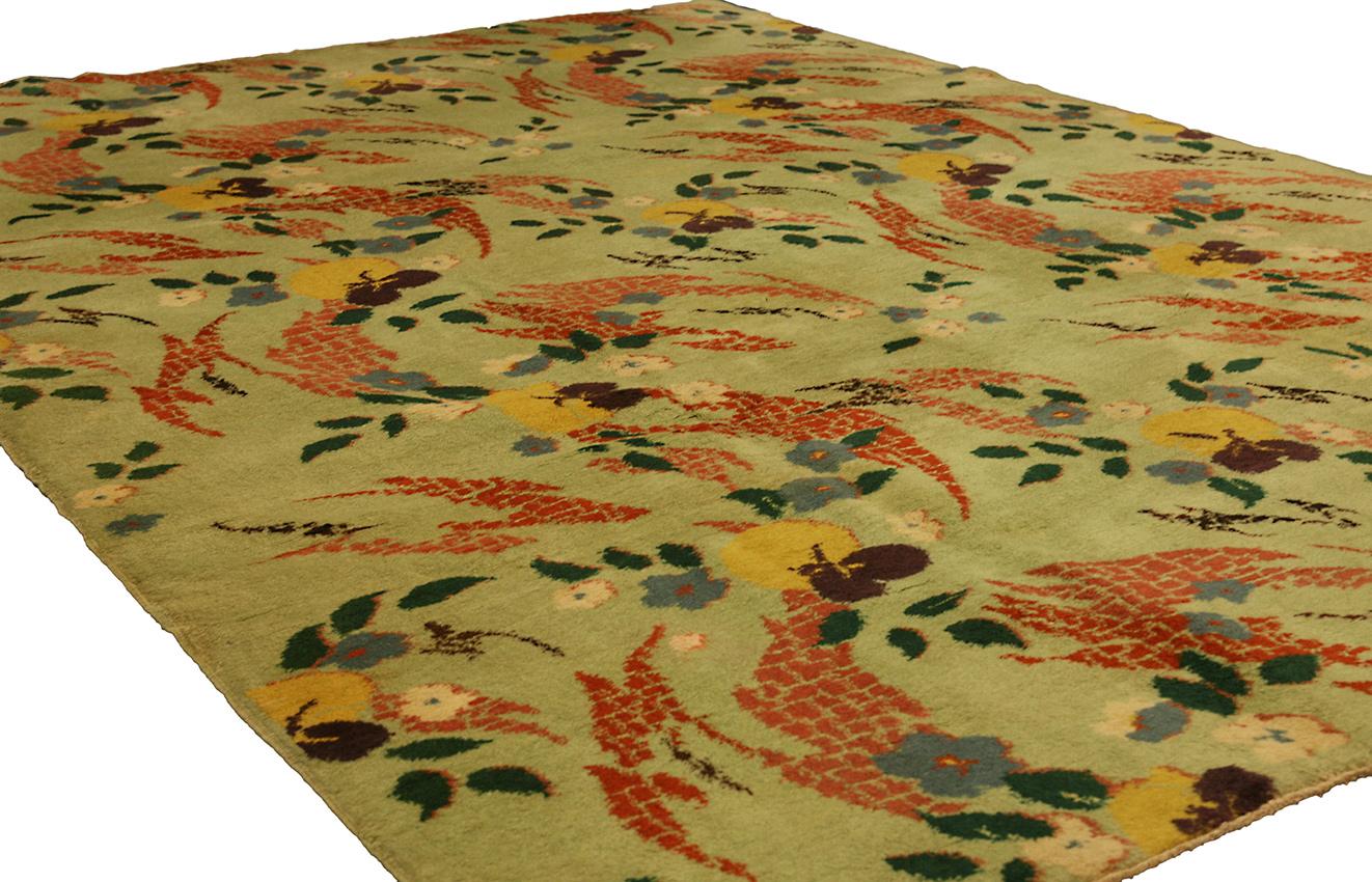 Introducing the Green Art Deco Rug Allover Floral Design, 1950-1970! This beautiful rug is perfect for adding a touch of elegance to any home. The soft olive green color and intricate floral design are sure to make a statement in any room. The Green