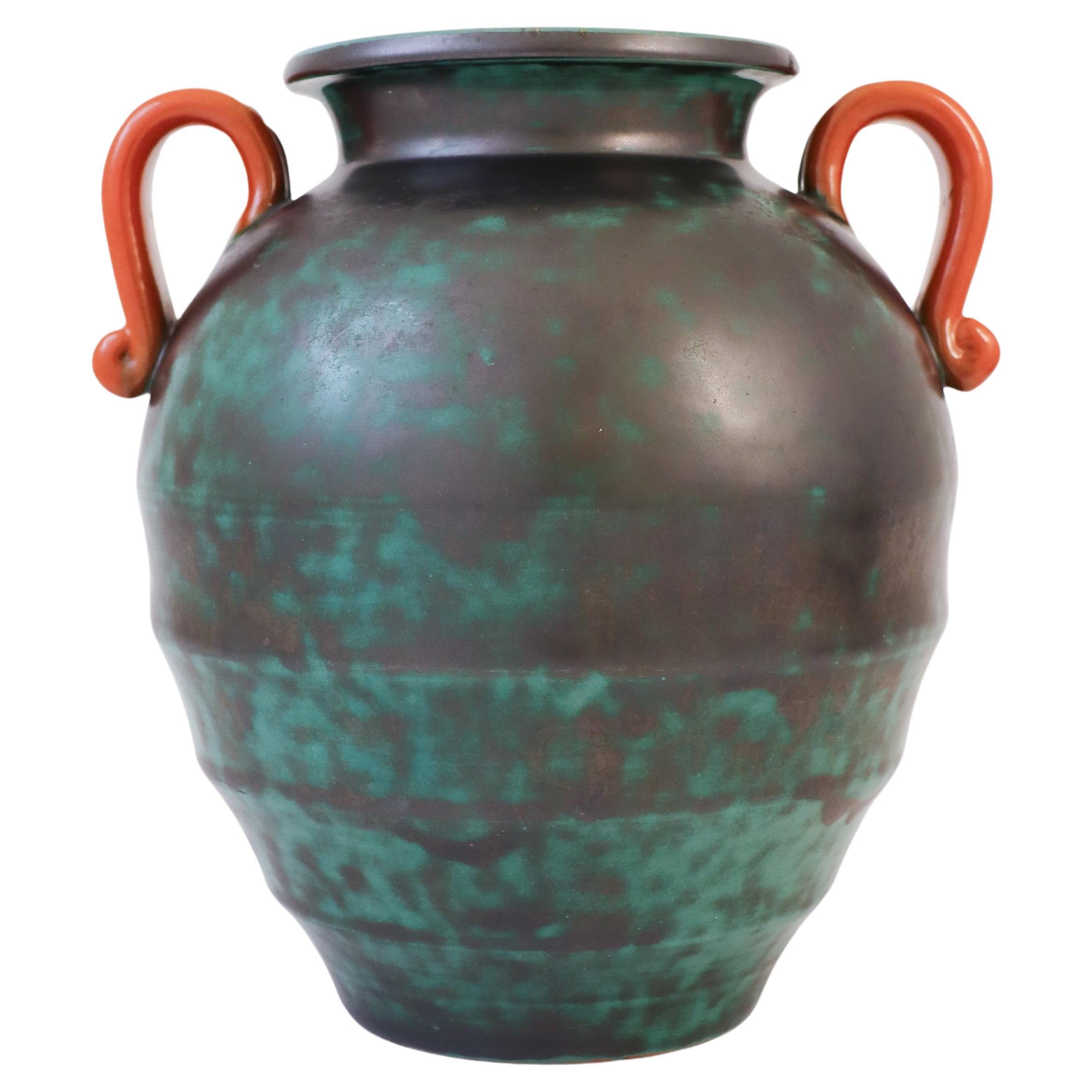 Green Art Deco Vase, Upsala Ekeby Ostergren, Sweden, 1930s, Roman Urn Style