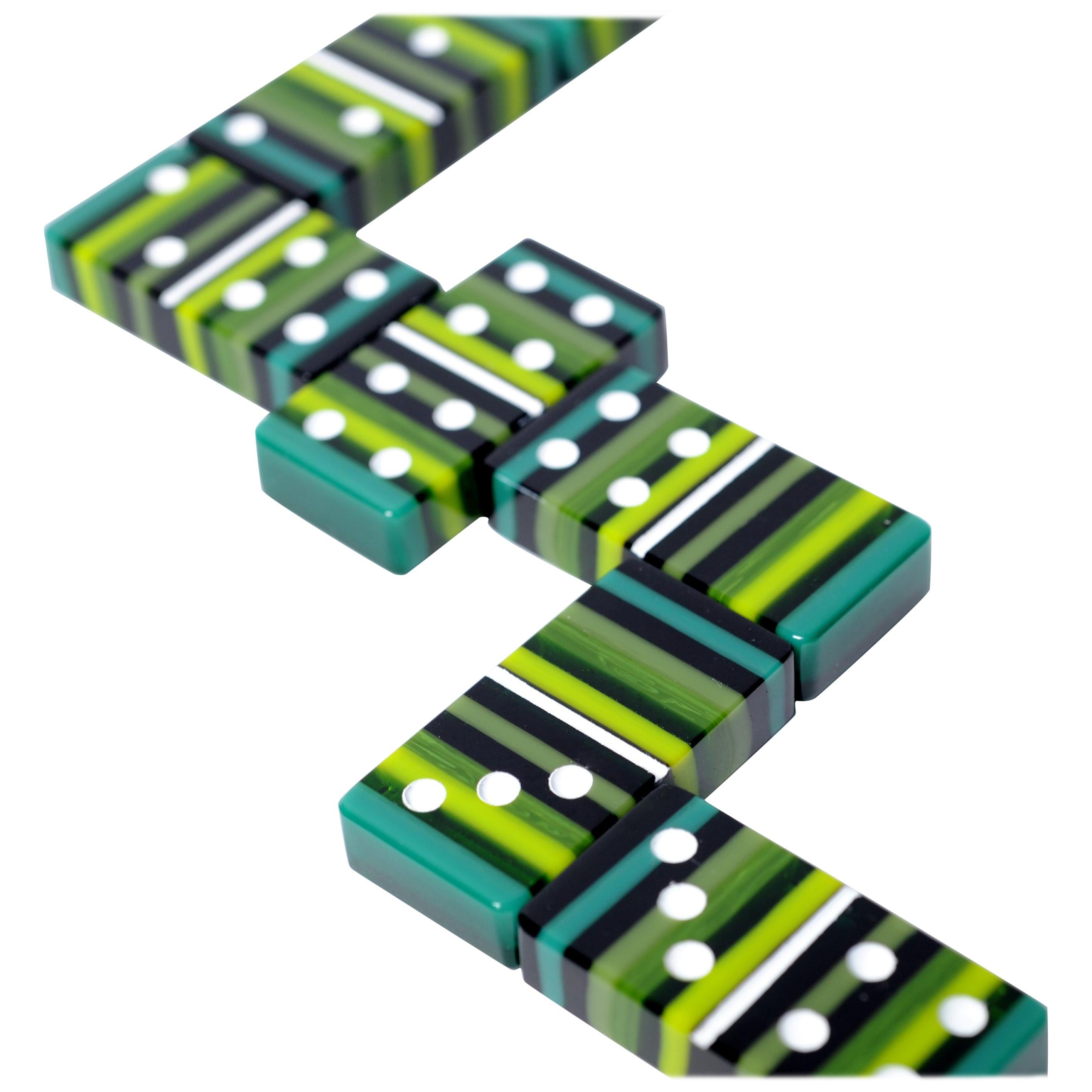 Green Art Glass Domino Barcode Collection with Wood Case For Sale