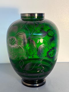 Green Art Glass Vase with Silver-Plated Floral Design and Metal Rim