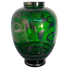 Green Art Glass Vase with Silver-Plated Floral Design and Metal Rim