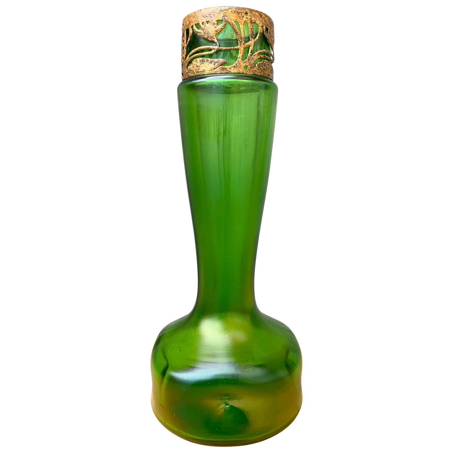 20th Century Green Art Nouveau Glass Vase, French, Early 1900