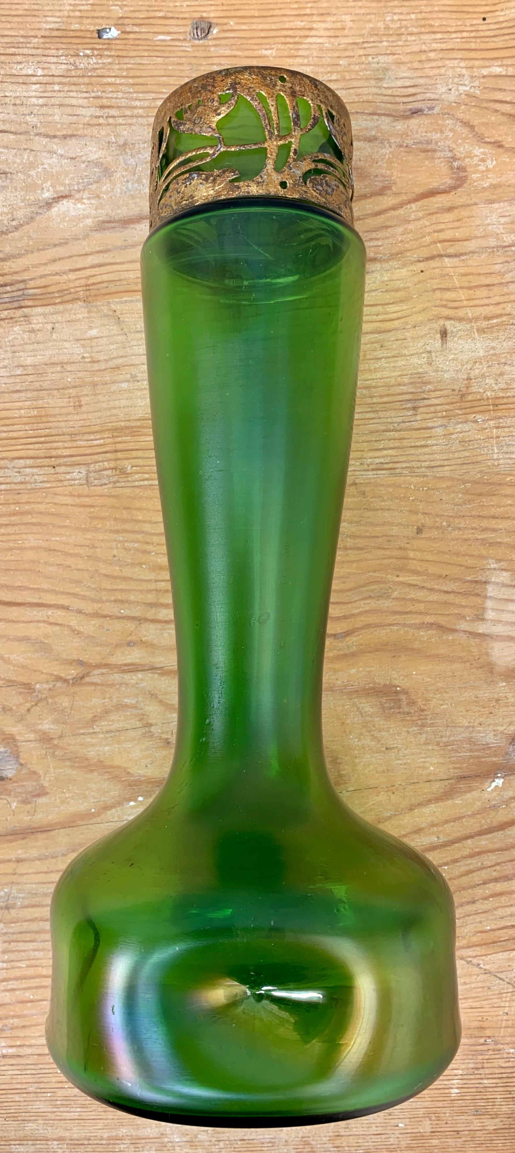 Art Glass Green Art Nouveau Glass Vase, French, Early 1900