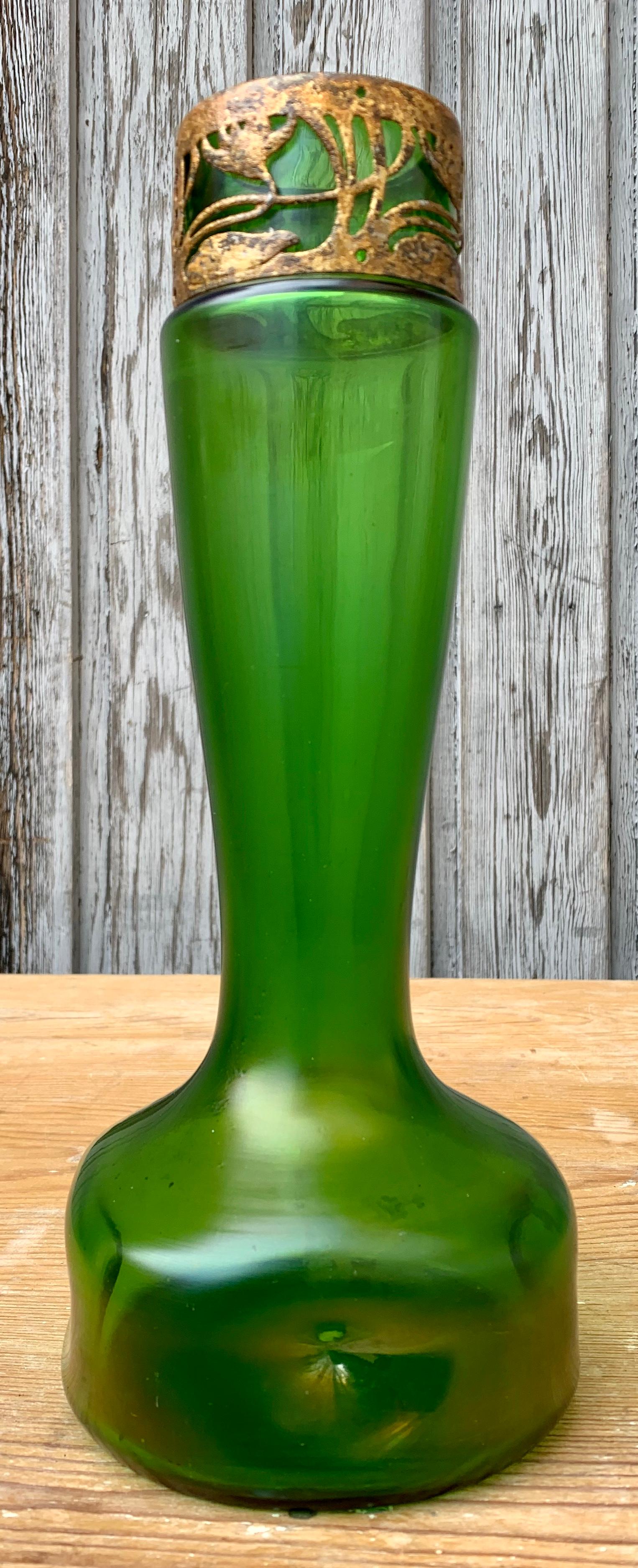 Green Art Nouveau Glass Vase, French, Early 1900 1