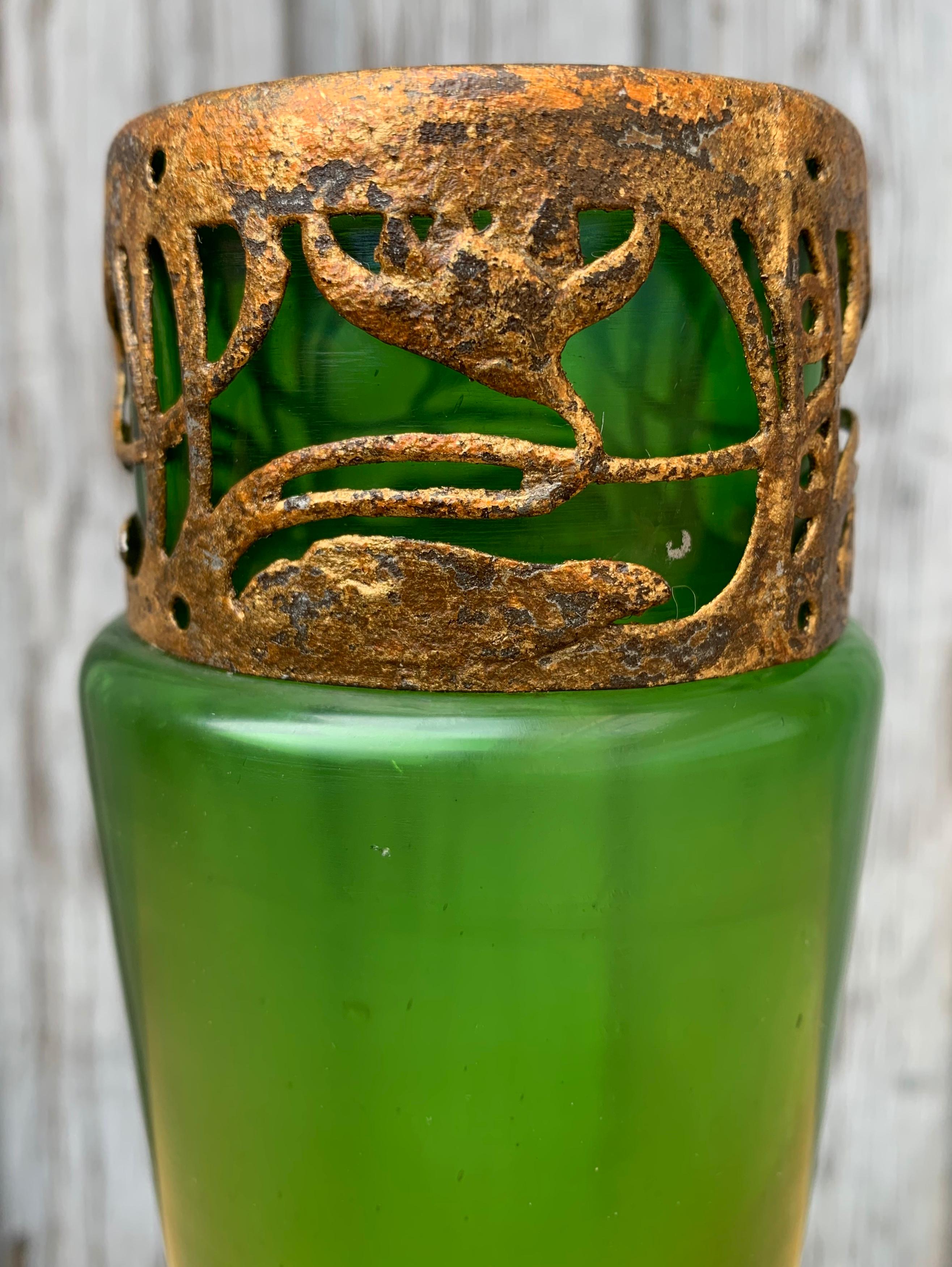 Green Art Nouveau Glass Vase, French, Early 1900 3