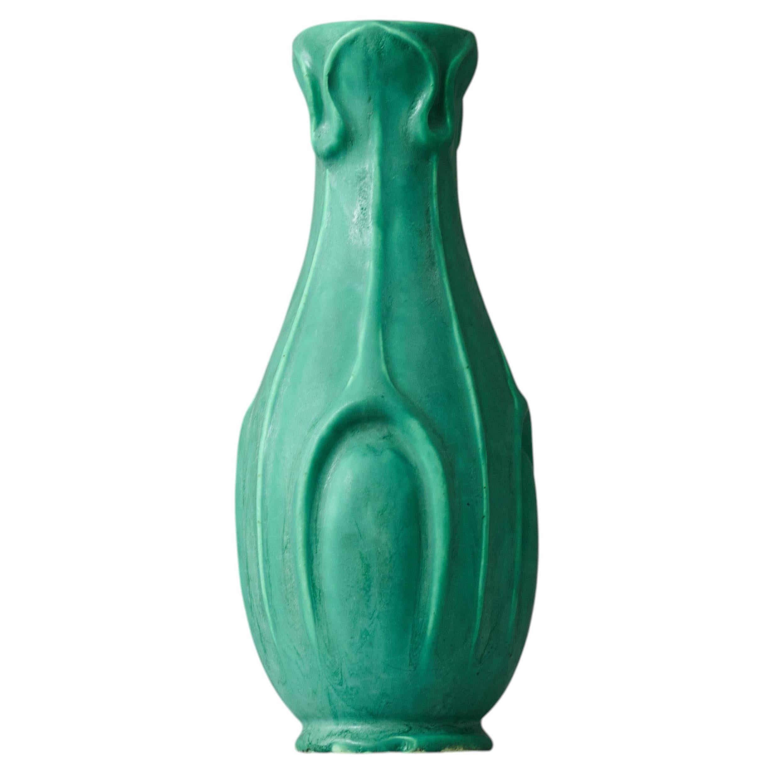 Green Art Nouveau Pottery Vase by Karl Robert Svensson. Höganäs, Sweden, 1910s