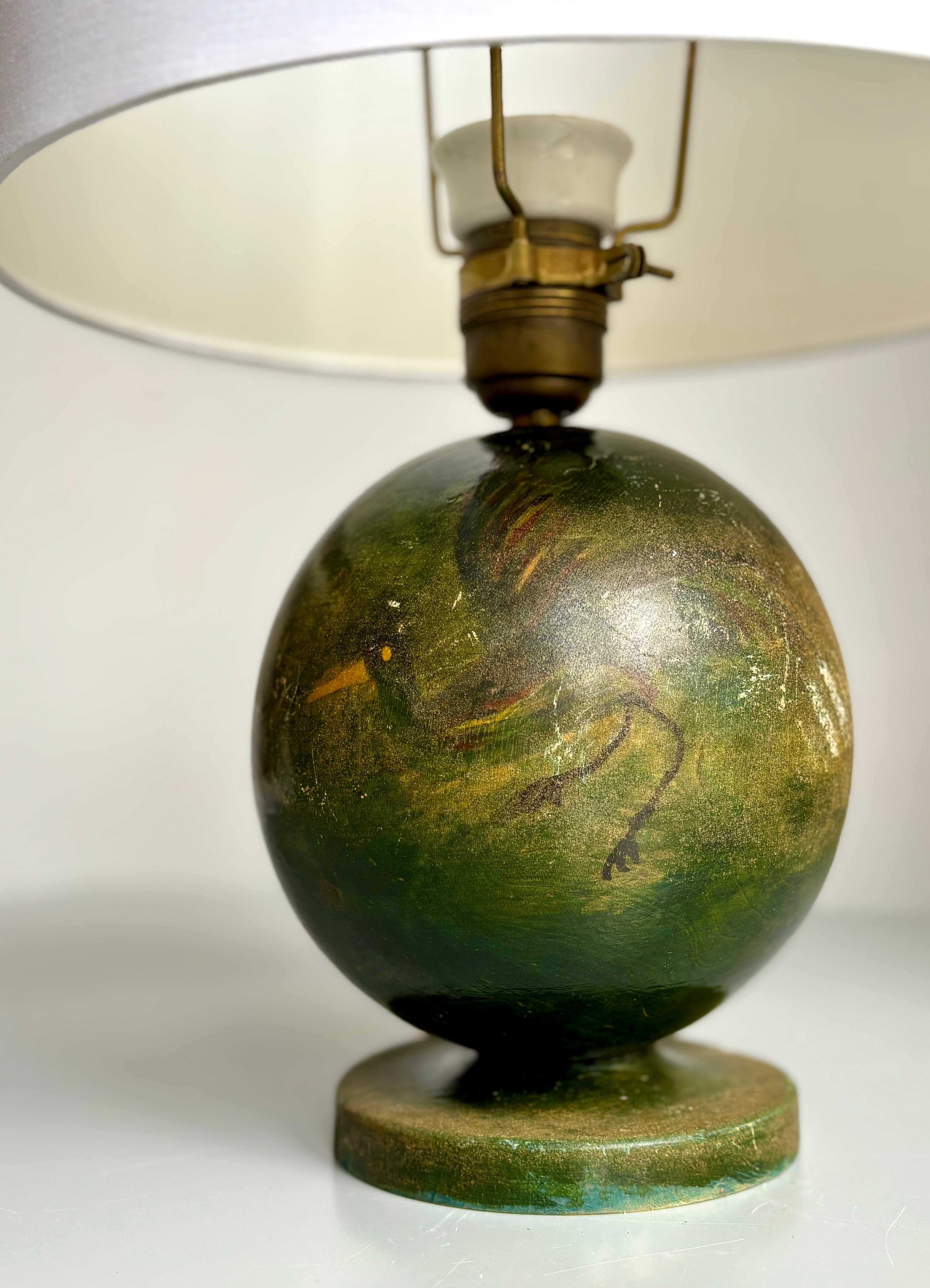 Lámpara globo decorativa de madera Art Nouveau verde con pájaros, años 20 Lacado en venta