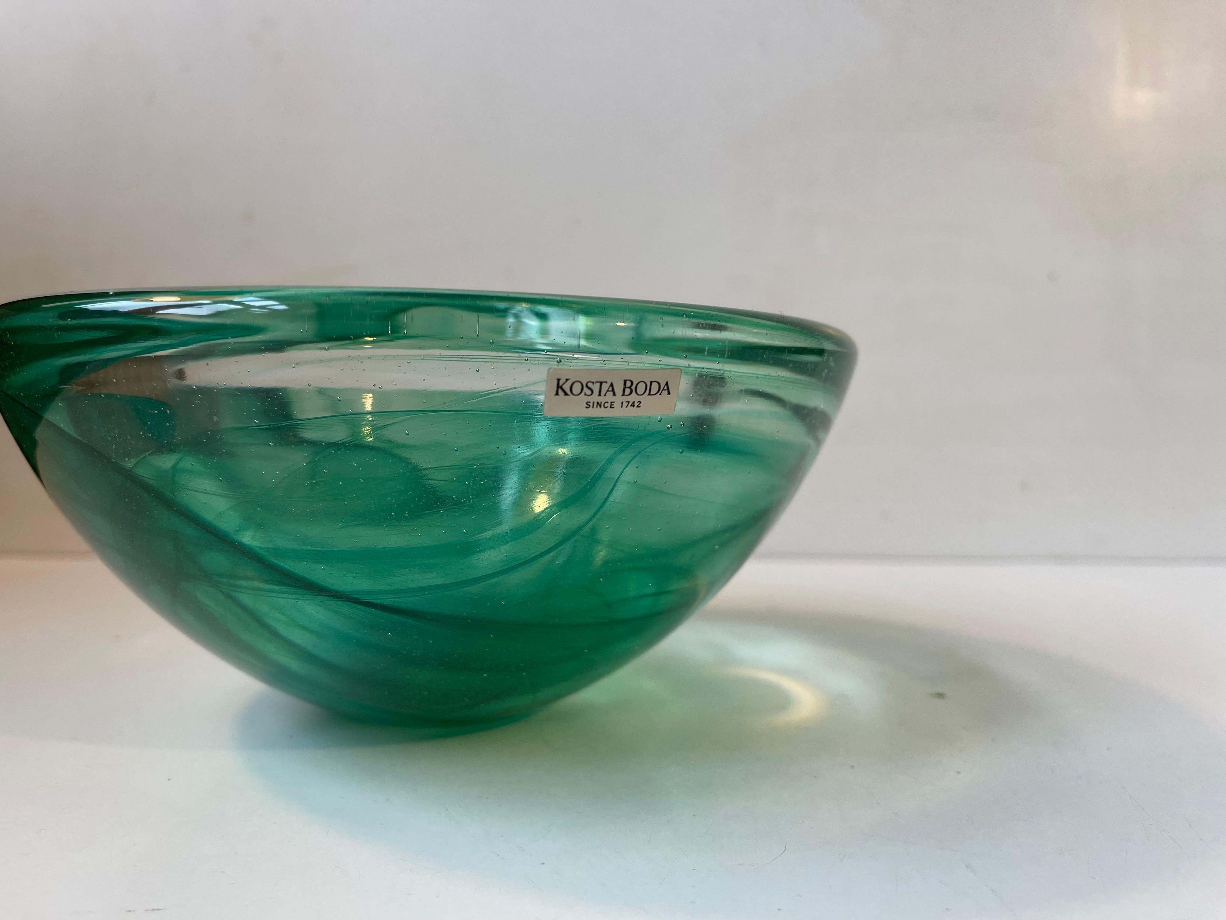 Swedish Green Atoll Art Glass Bowl by Anna Ehrner for Kosta Boda, 1980s For Sale