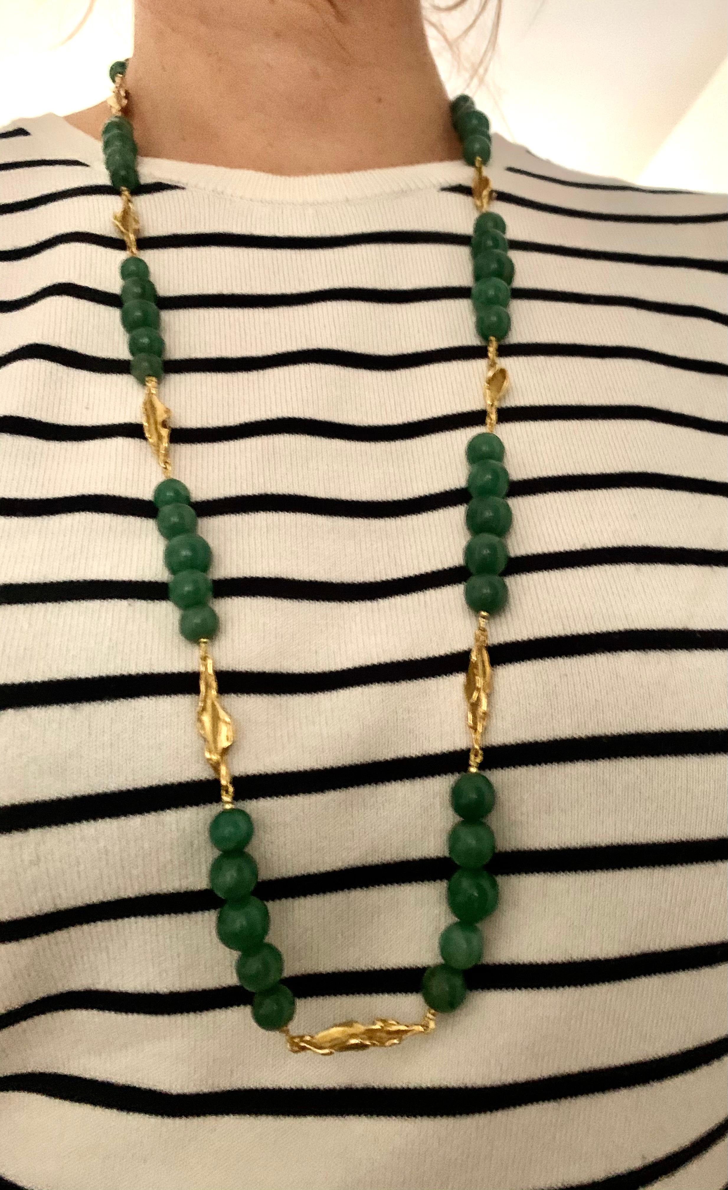 Ball Cut Green Aventurine 18 Karat Yellow Gold Long Necklace