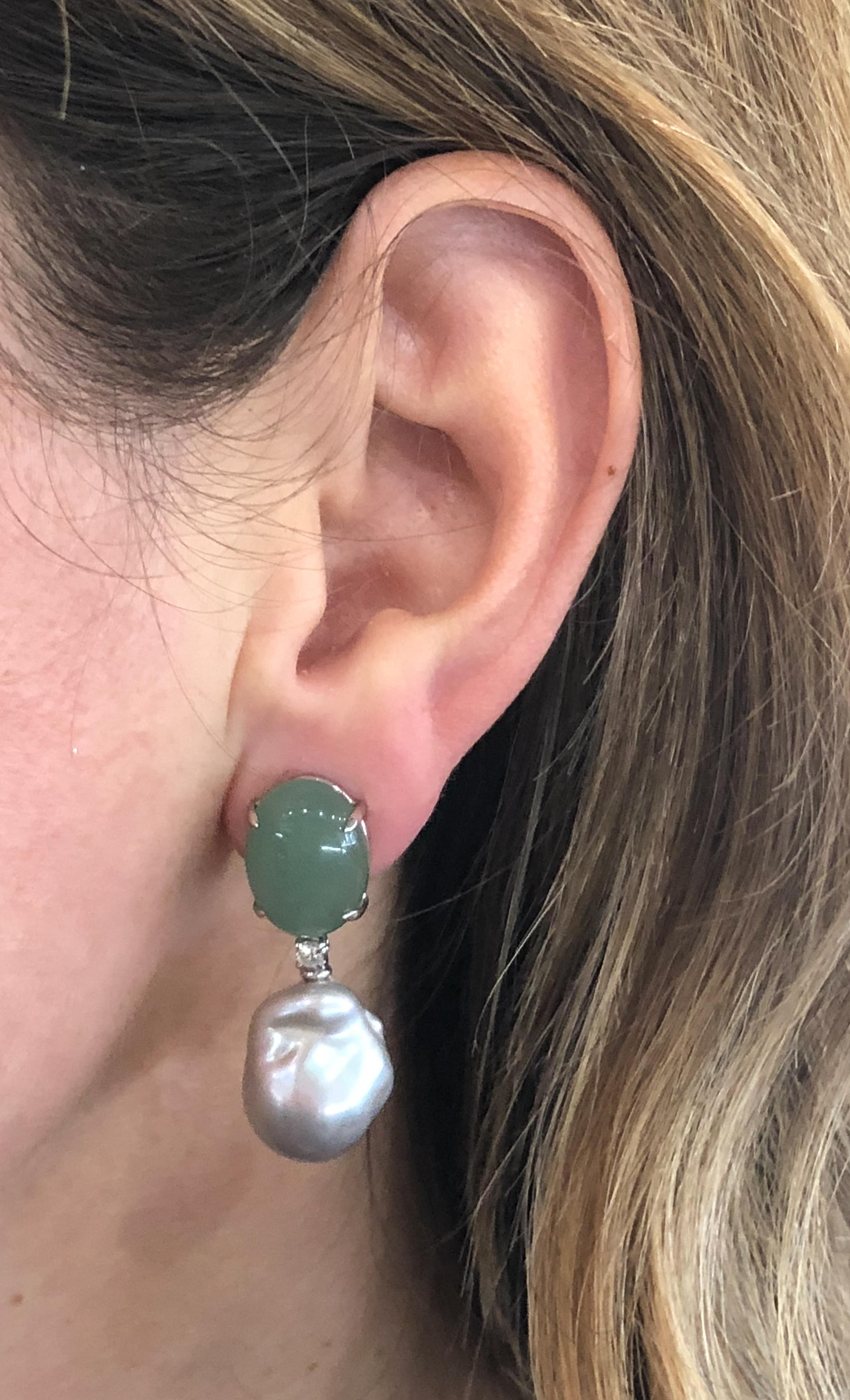 Women's or Men's Green Aventurine and Silver Baroque Pearl Drop Earrings