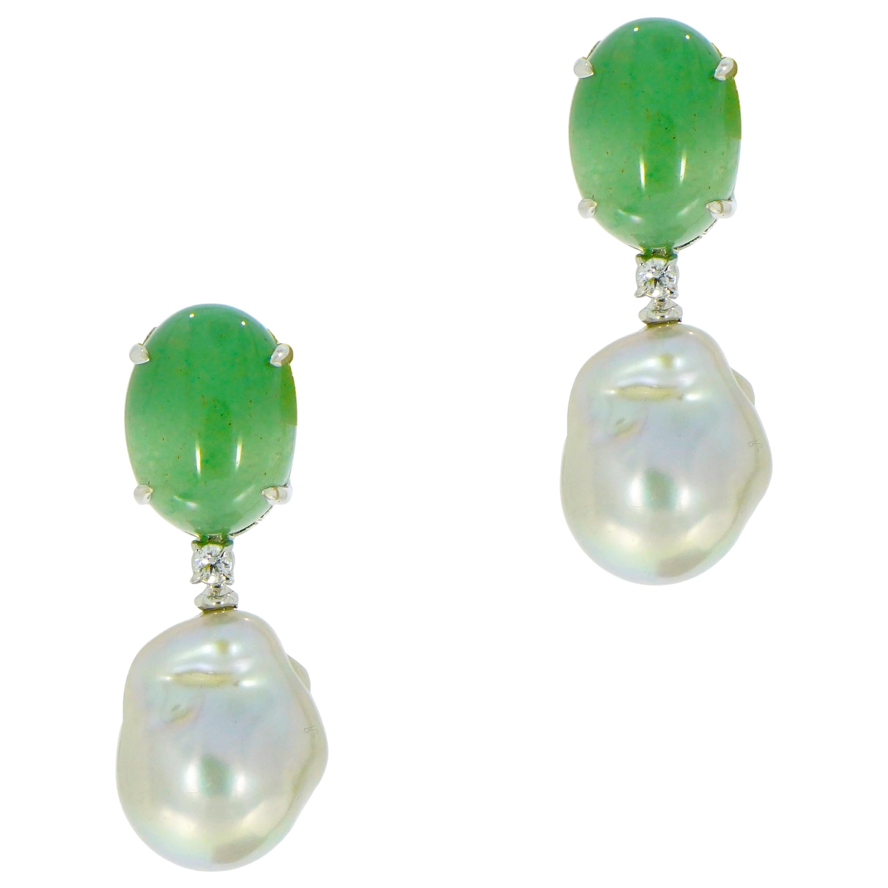 Green Aventurine and Silver Baroque Pearl Drop Earrings