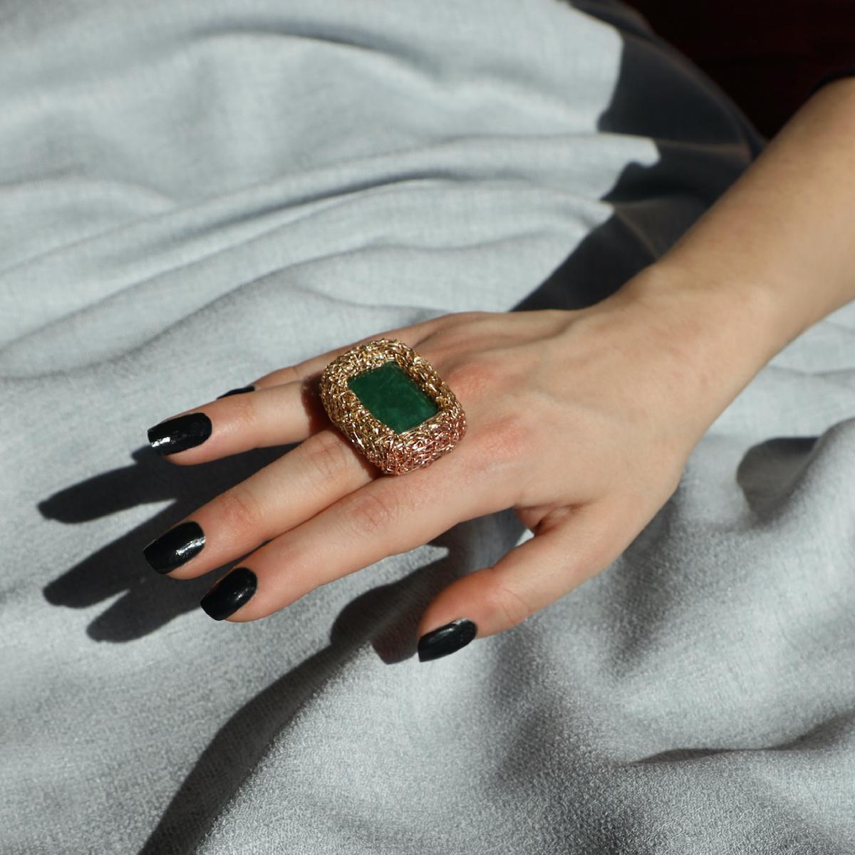 Contemporary Green Aventurine Emerald Cut One off 14 K Gold F Cocktail Ring by the Artist