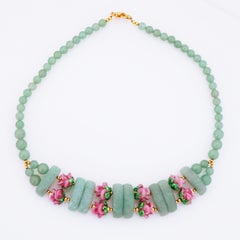 Green Aventurine Gemstone Necklace With Pink Art Glass Rosebuds By Lee Sands