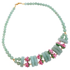 Green Aventurine Gemstone Necklace With Pink Art Glass Rosebuds By Lee Sands