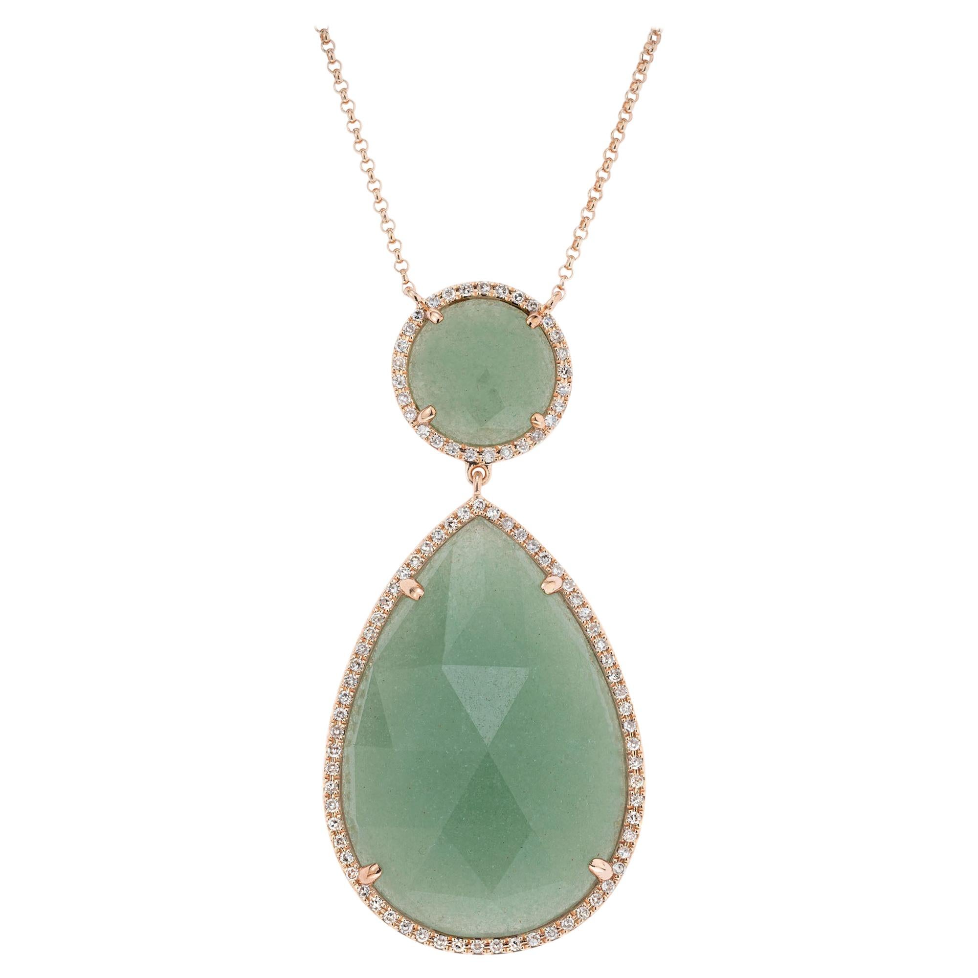 Green Aventurine Quartz Diamond Halo Rose Gold Pendant Necklace