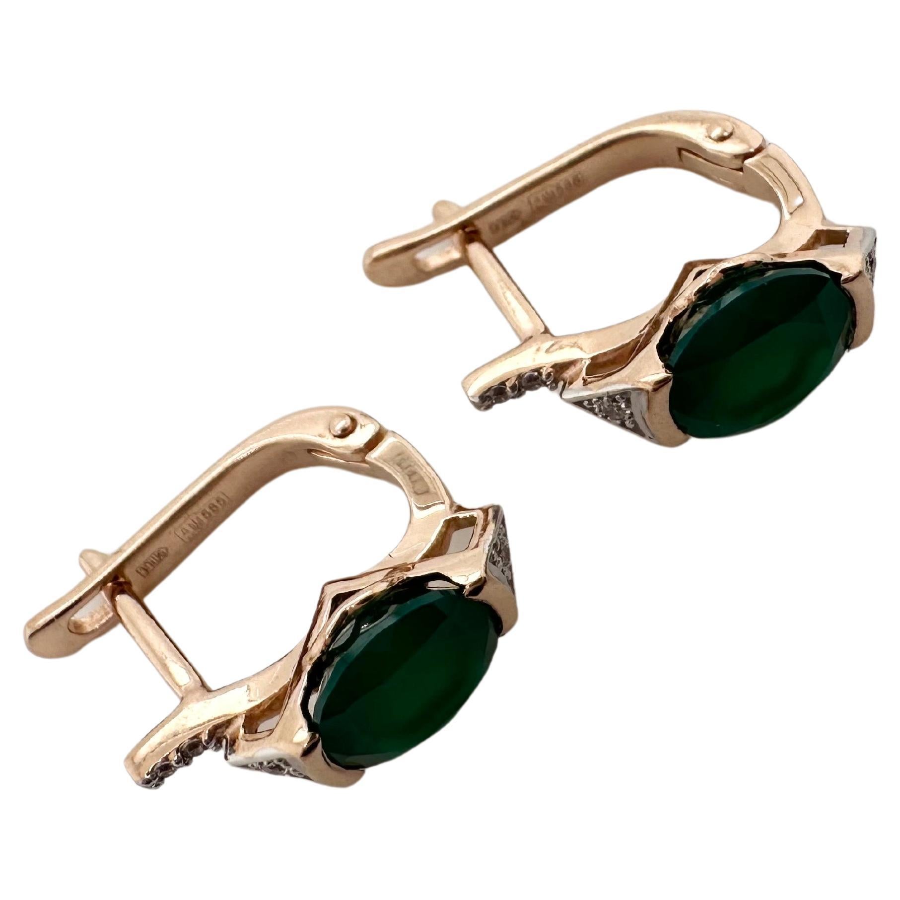 Round Cut Green aventurine rose gold diamond earrings 14KT Made in Ukraine For Sale
