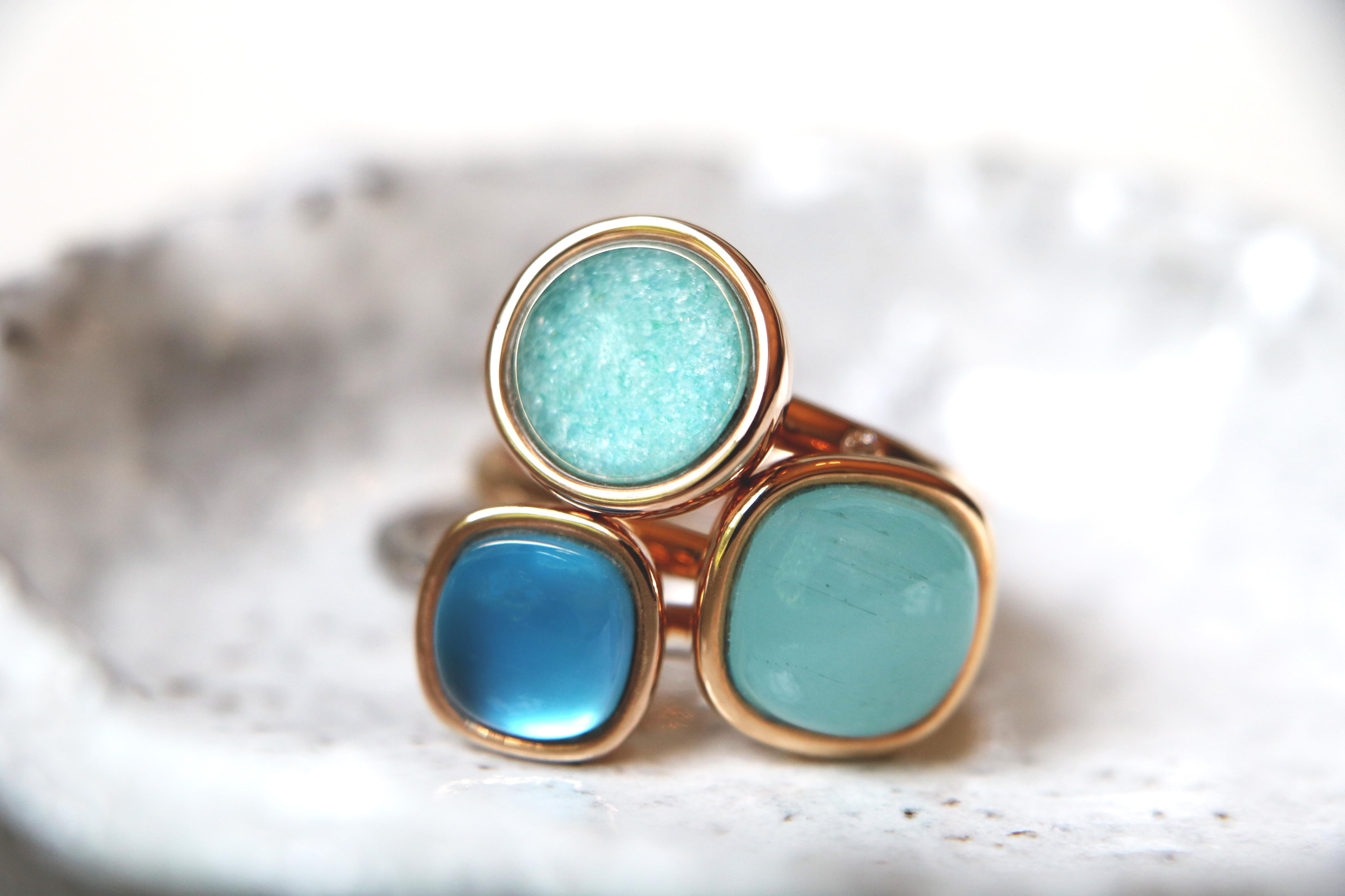 Grüner Ring aus grünem Aventurin, Türkis und Bergkristall von Bigli aus 18 Karat Gold (Cabochon) im Angebot